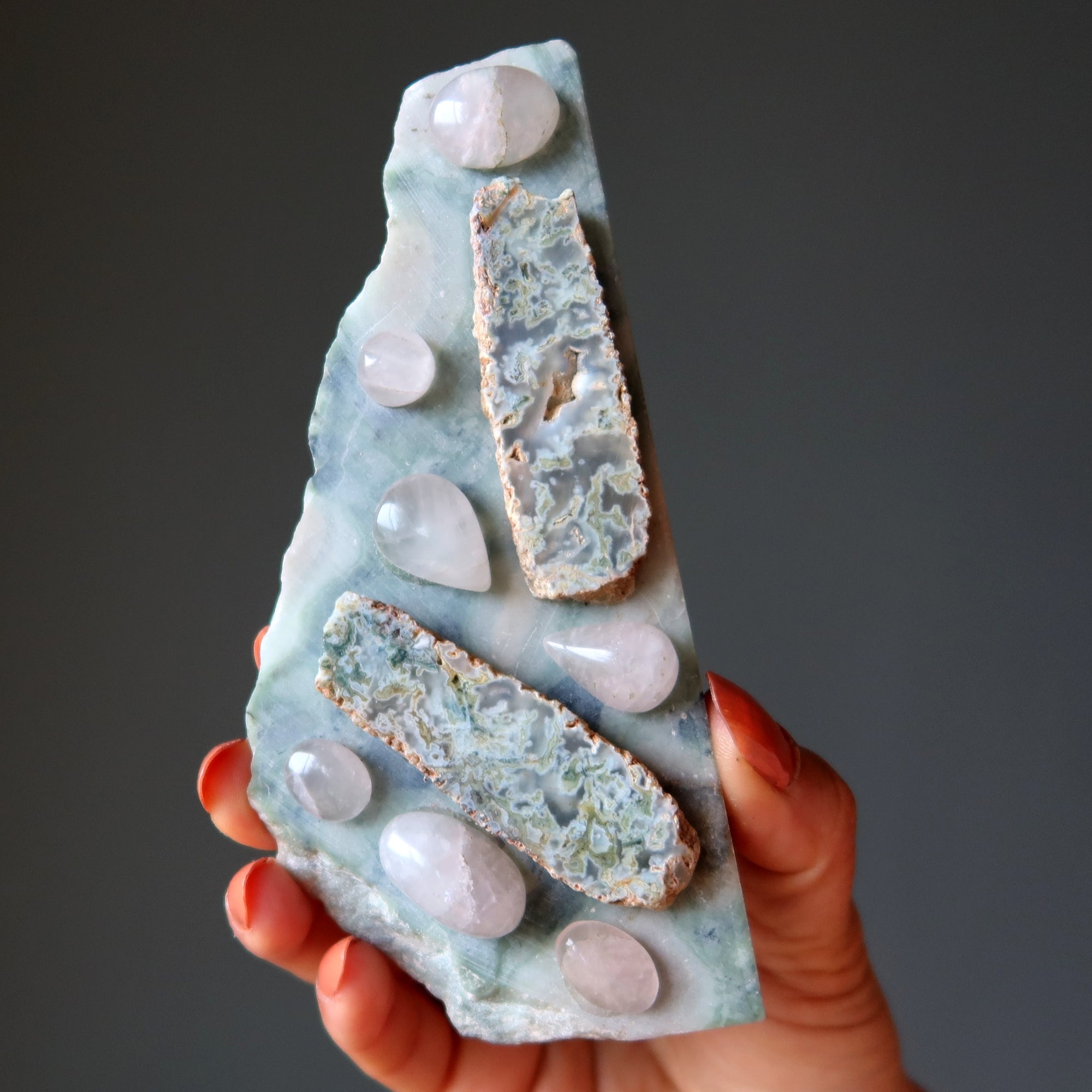 Plaque Chakra du Cœur Développe Mon Amour Quartz Rose Agate Mousse Serpentine