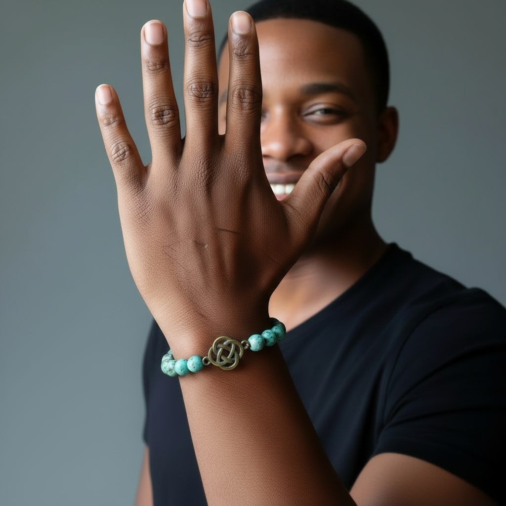 Bracelet chrysocolle avec perles de cuprite et croix celtique
