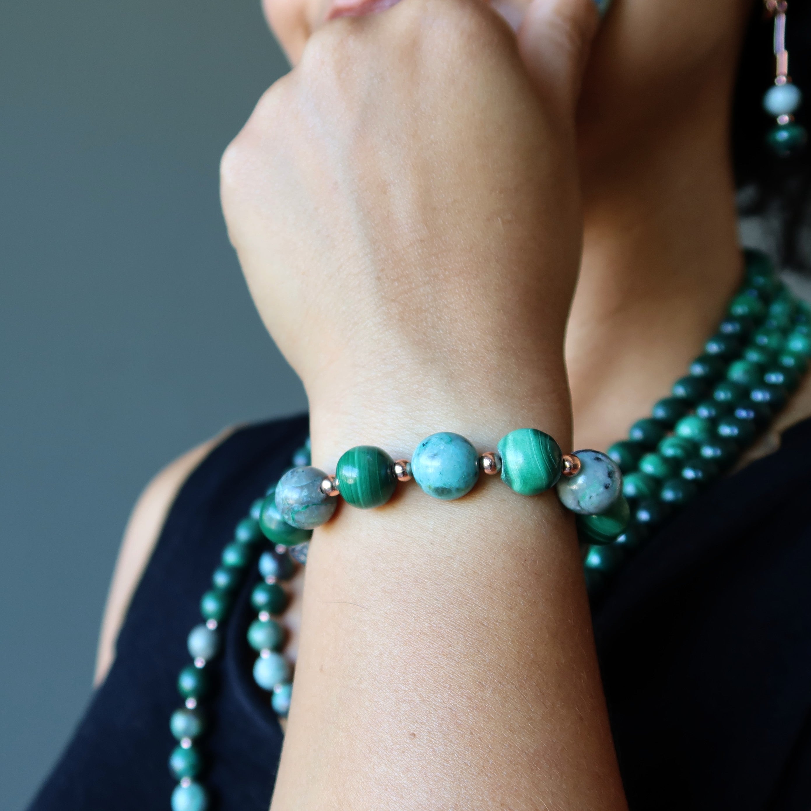 Chrysokoll Armband & Malachit Edelsteinperlen Kupfer-Creator