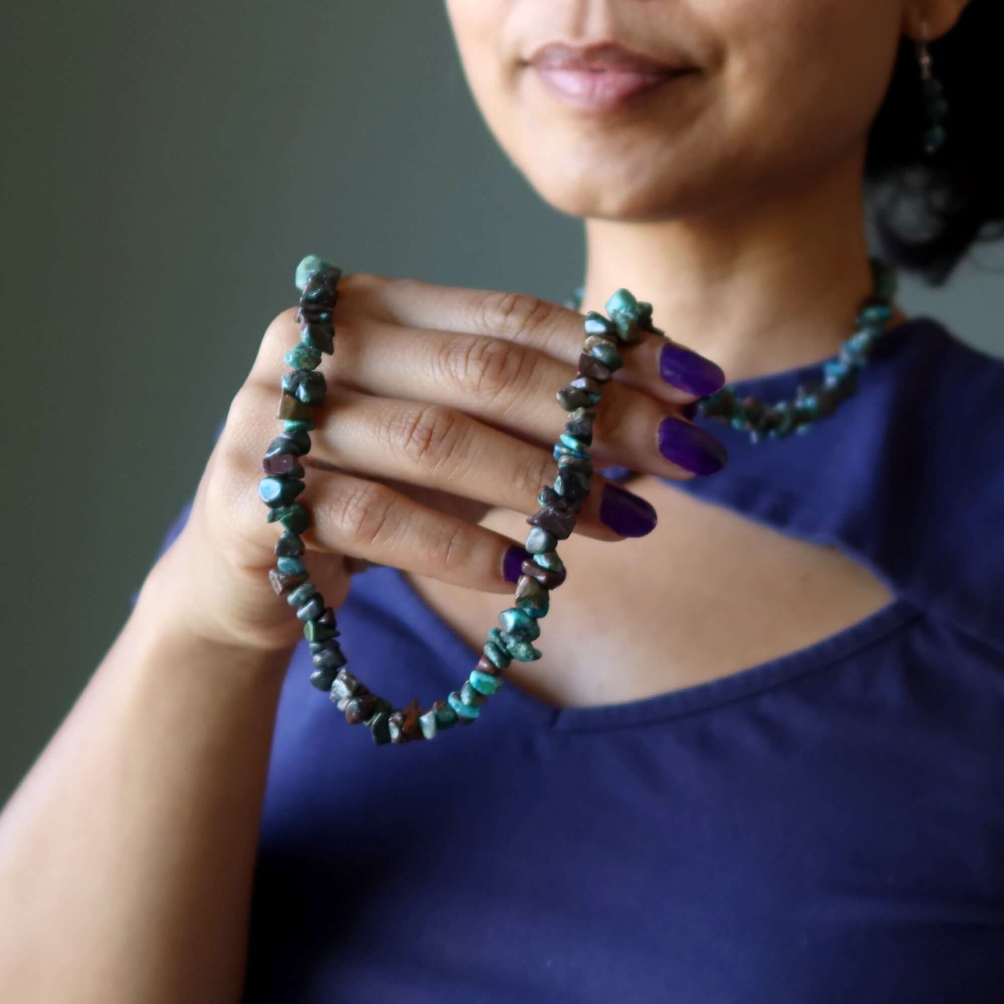 Chrysocolla Necklace Red Cuprite Gemstone Beads Bustling Blue