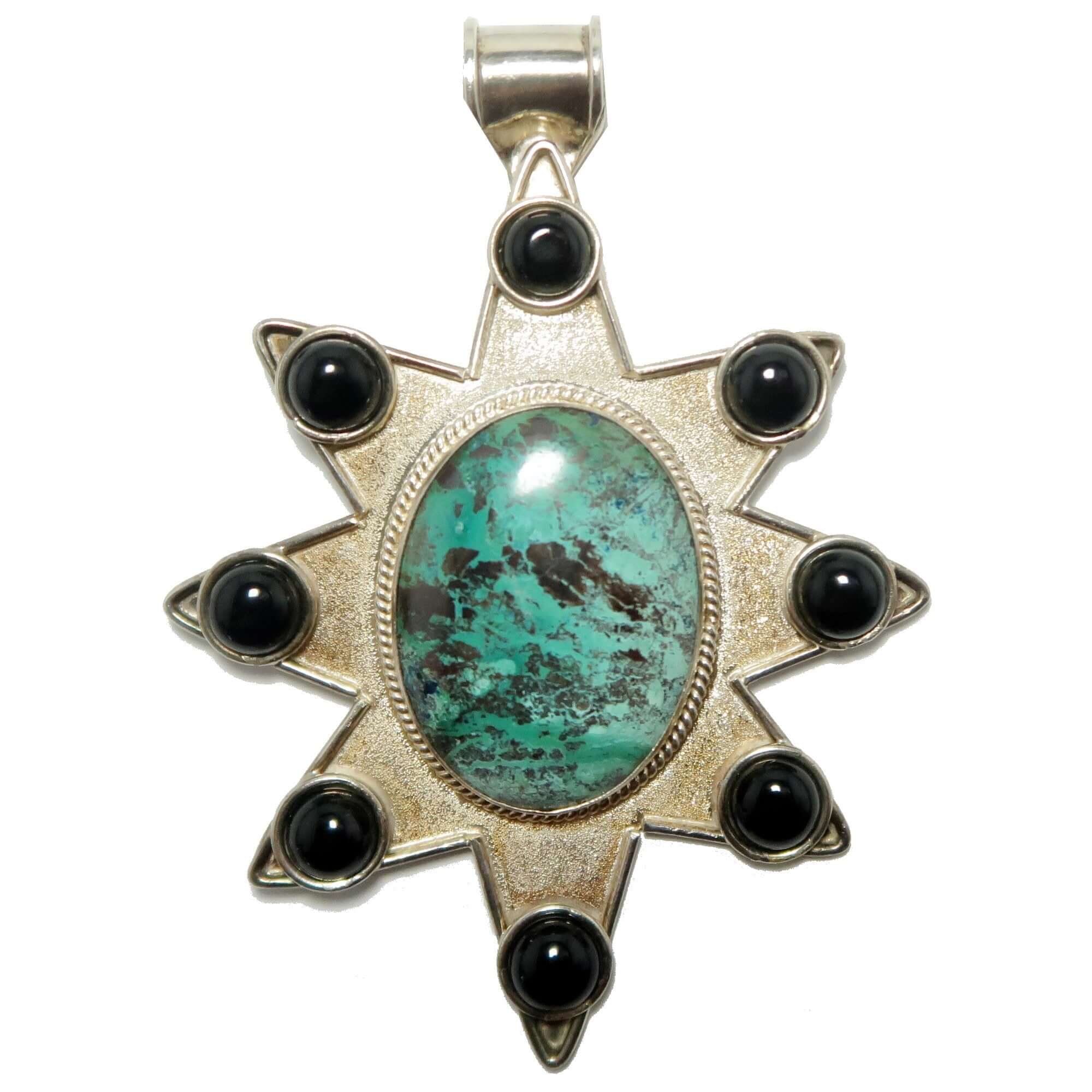 Chrysocolla sterling silver 8-point star pendant with large oval gemstone and black accent stones