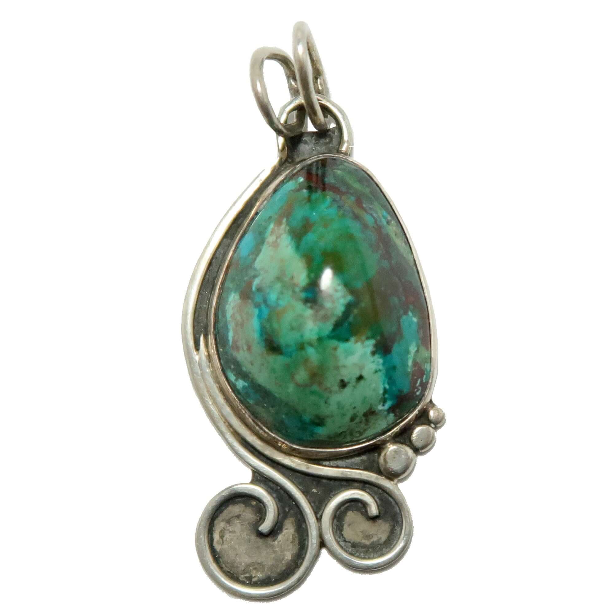 Chrysocolla pendant with cuprite Sonora gemstone set in sterling silver artisan swirl design