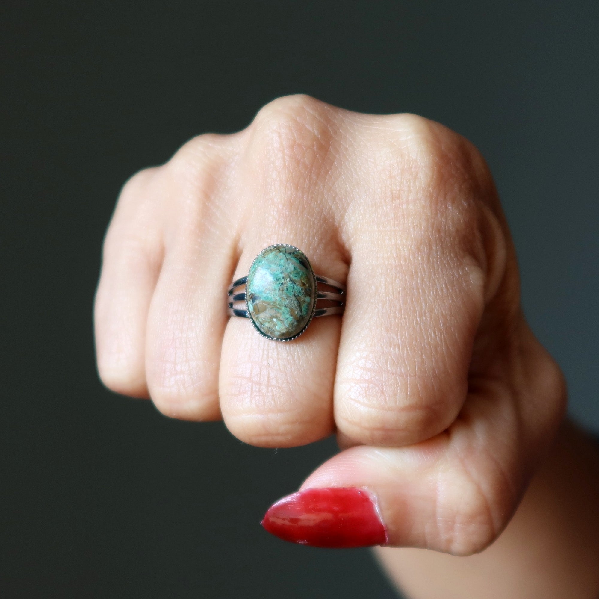 Chrysocolla Ring Getaway Gunmetal Adjustable