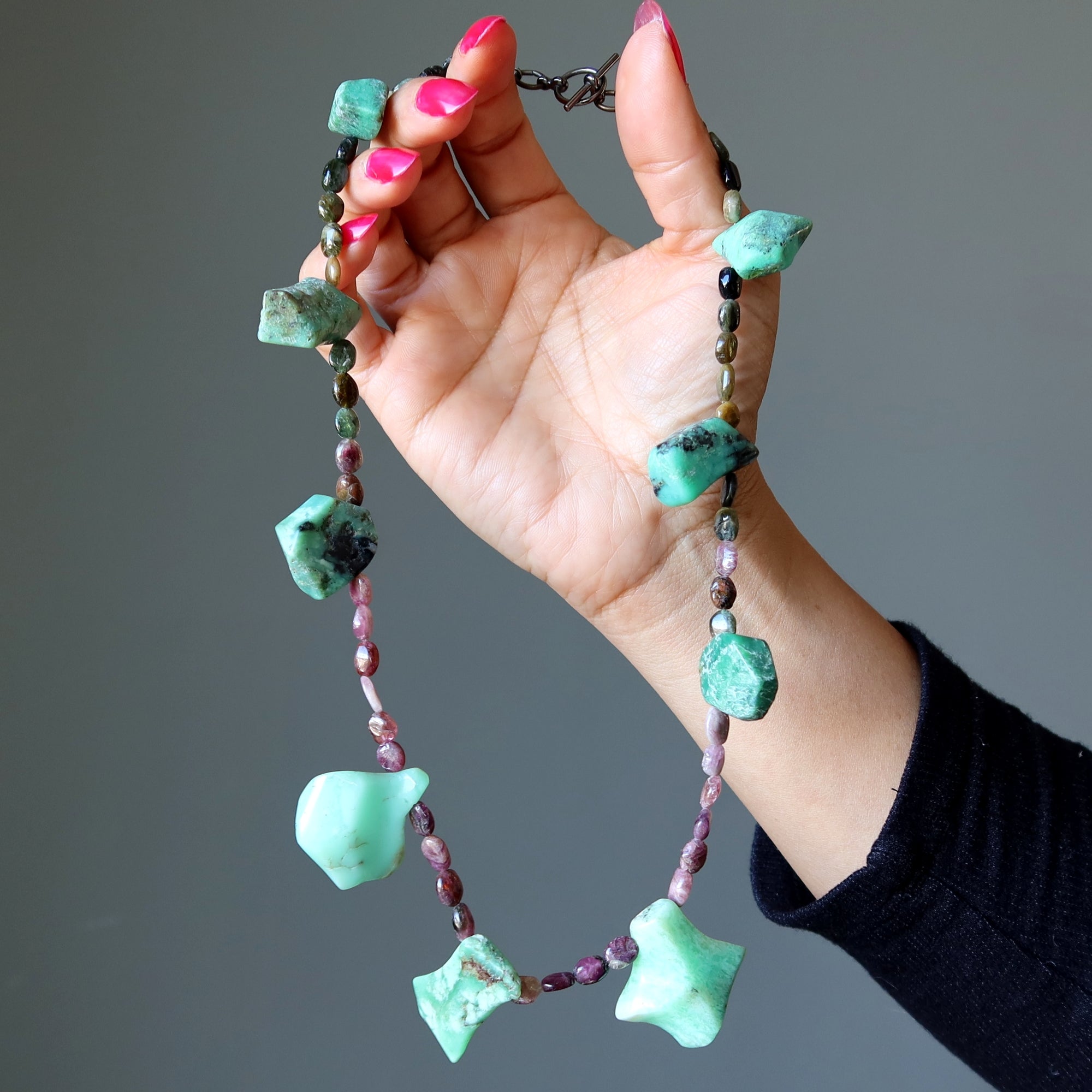 Chrysoprase Necklace Rainbow Tourmaline Quirky Gem