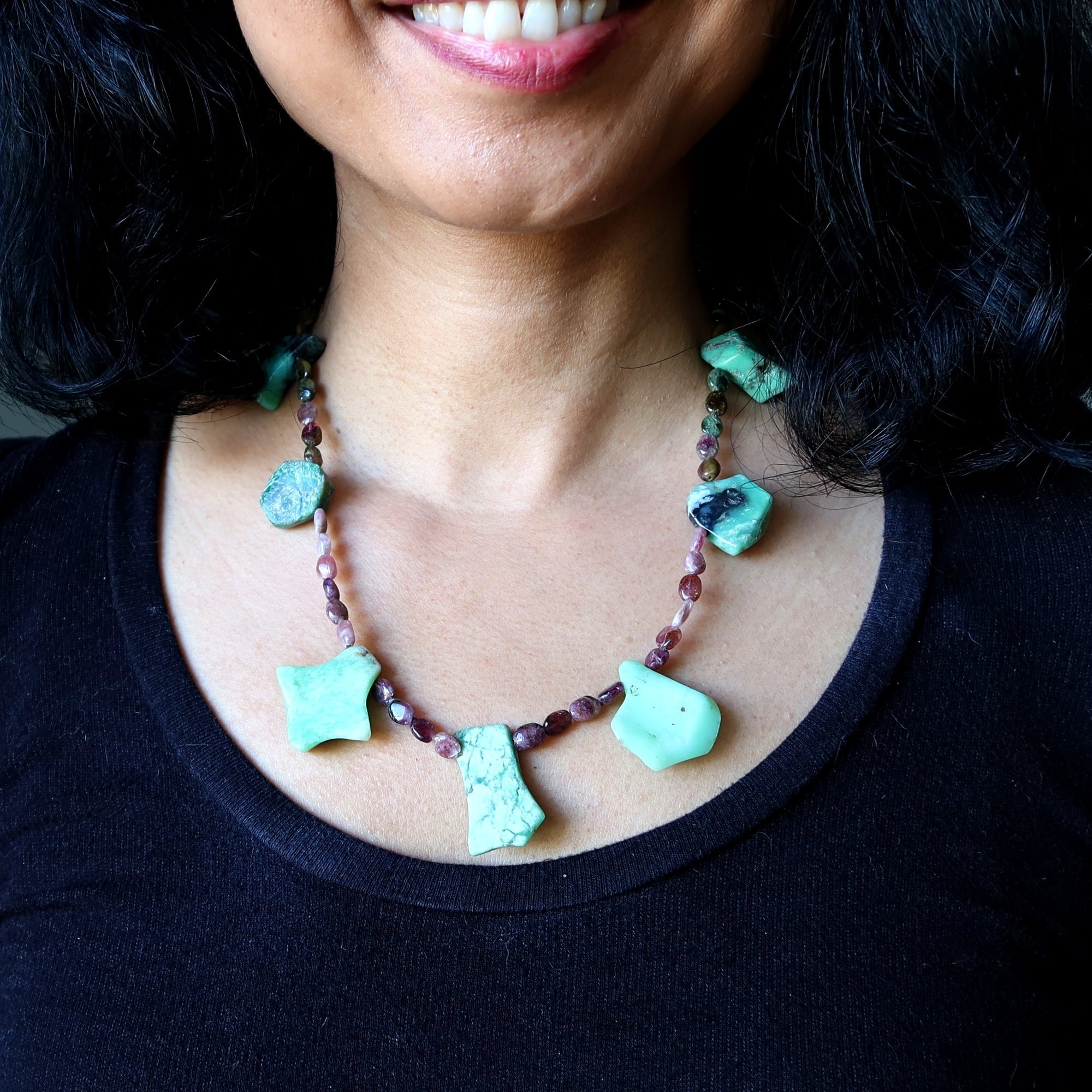 Chrysoprase Necklace Rainbow Tourmaline Quirky Gem