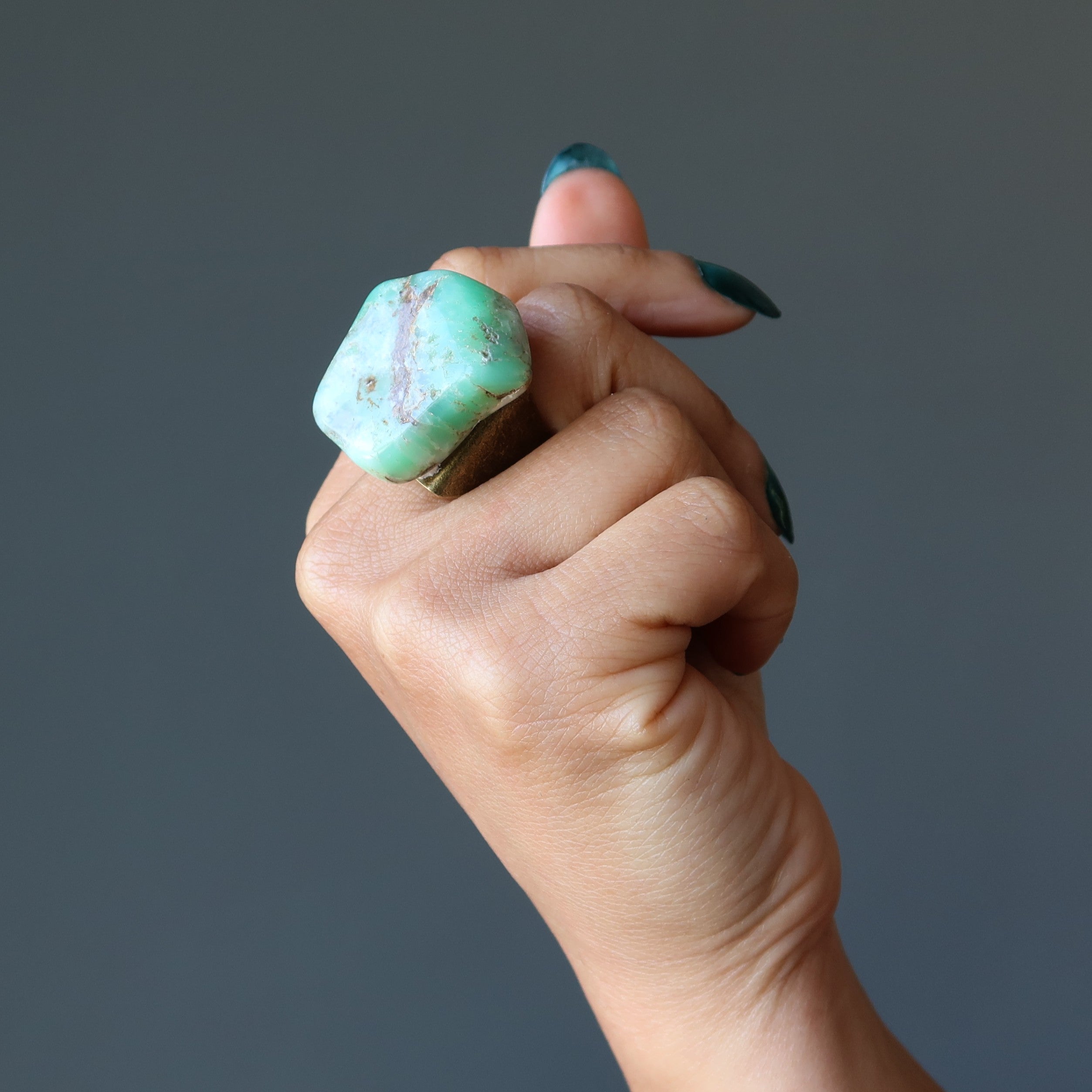 Chrysoprase Ring Big Chunk Antiqued Bronze Adjustable