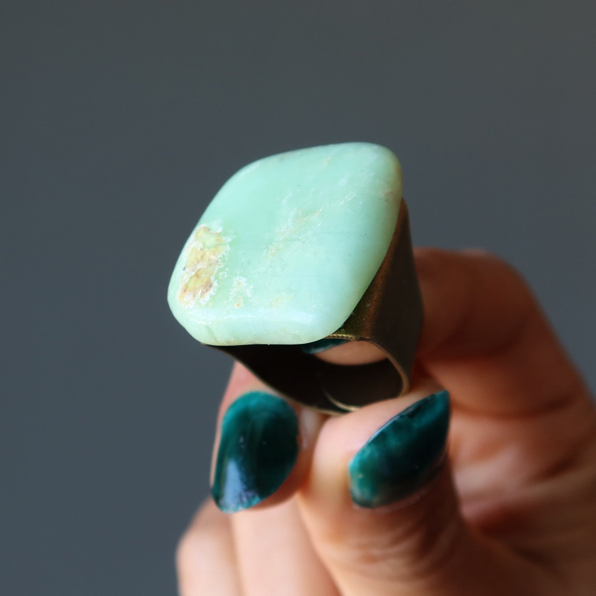 Chrysoprase Ring Big Chunk Antiqued Bronze Adjustable