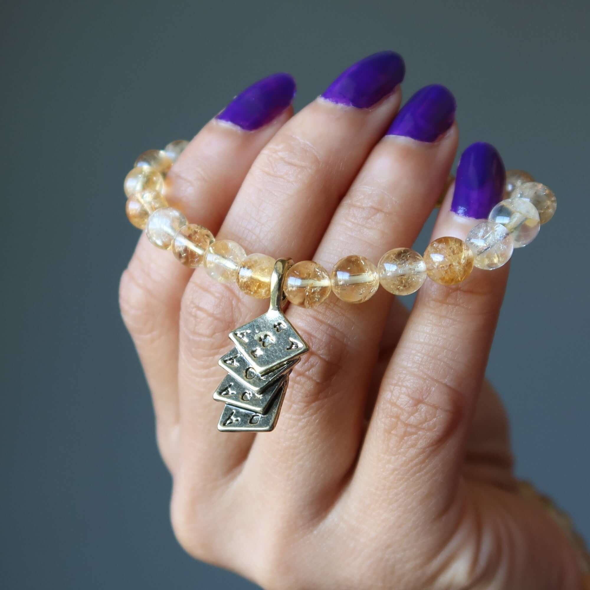Citrine Bracelet Four Aces Lucky Charm Yellow Crystal Beads