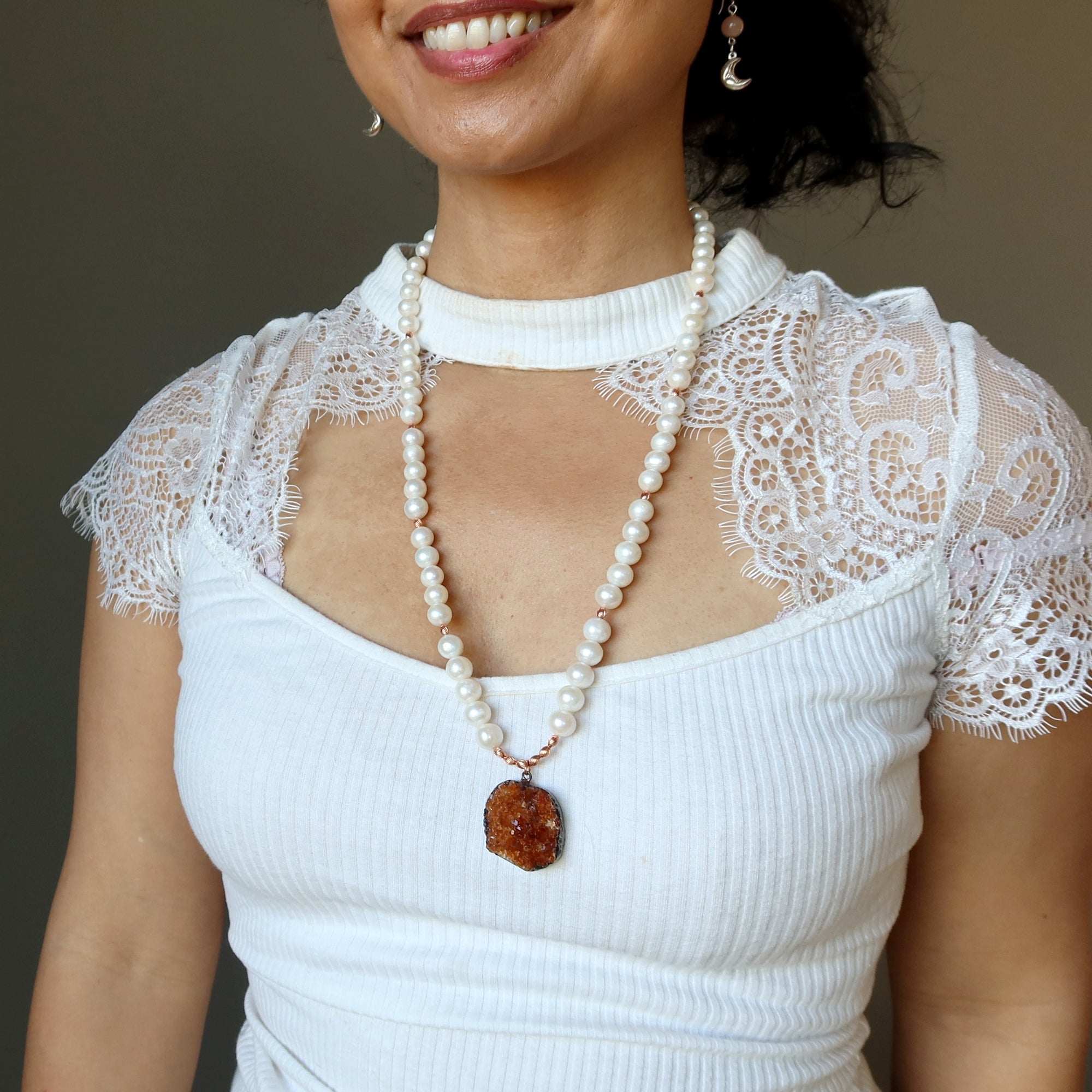 Citrine Necklace Lustrous Luxury White Pearl & Orange Gem