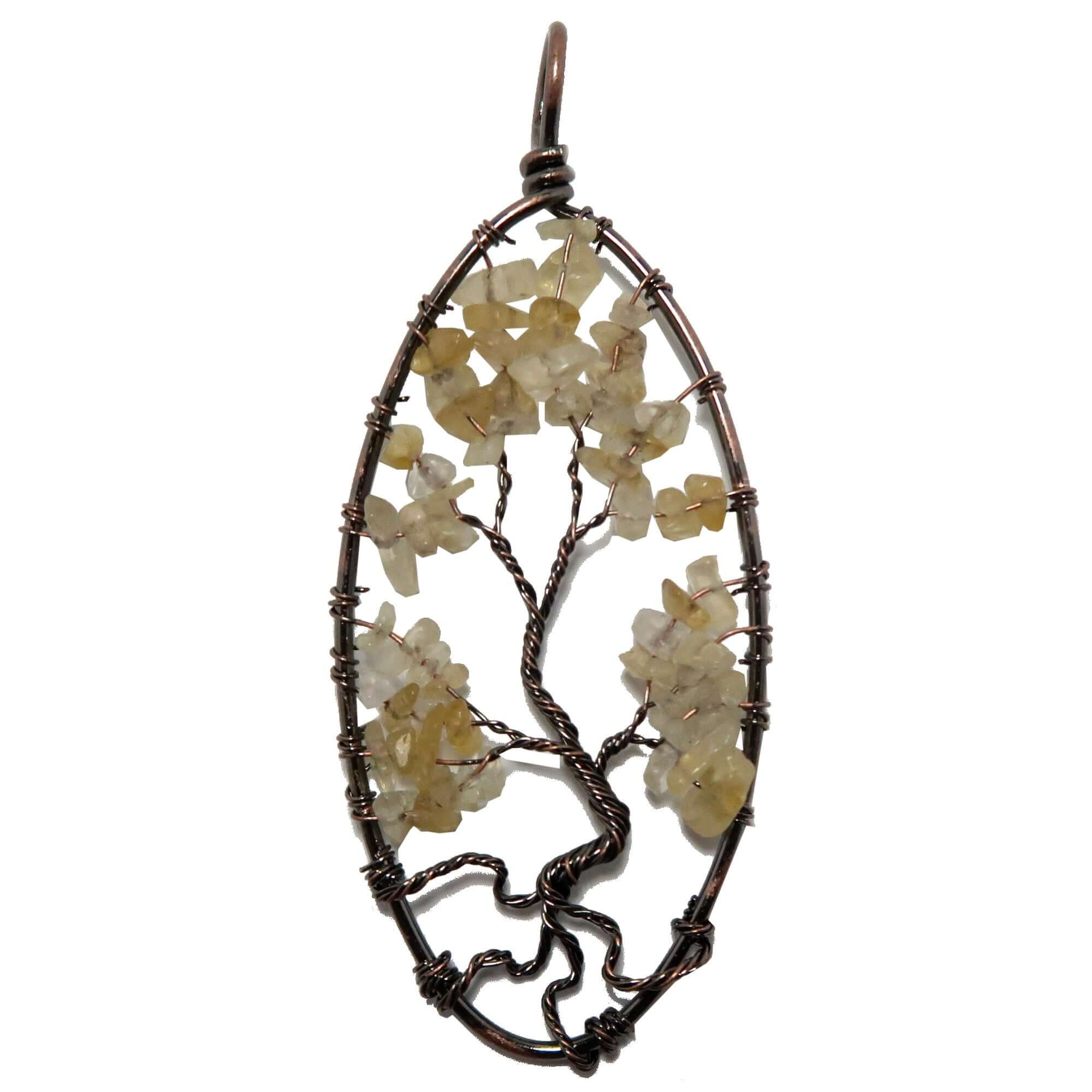 Citrine pendant Tree of Life in antiqued copper wire with yellow gemstone chips for prosperity and joy