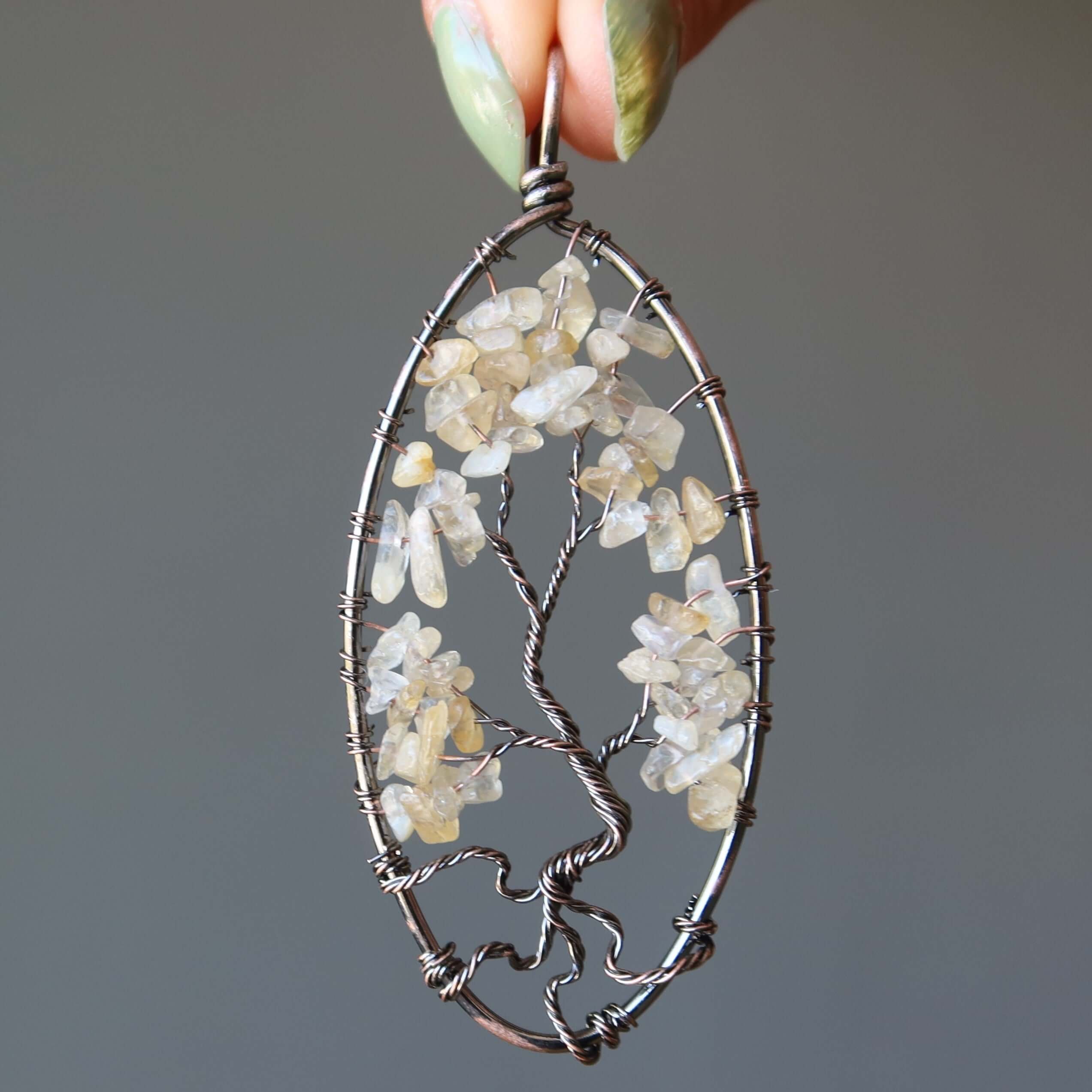 Citrine Tree of Life pendant with yellow gemstone chips in antiqued copper wire, handmade oval citrine necklace for prosperity