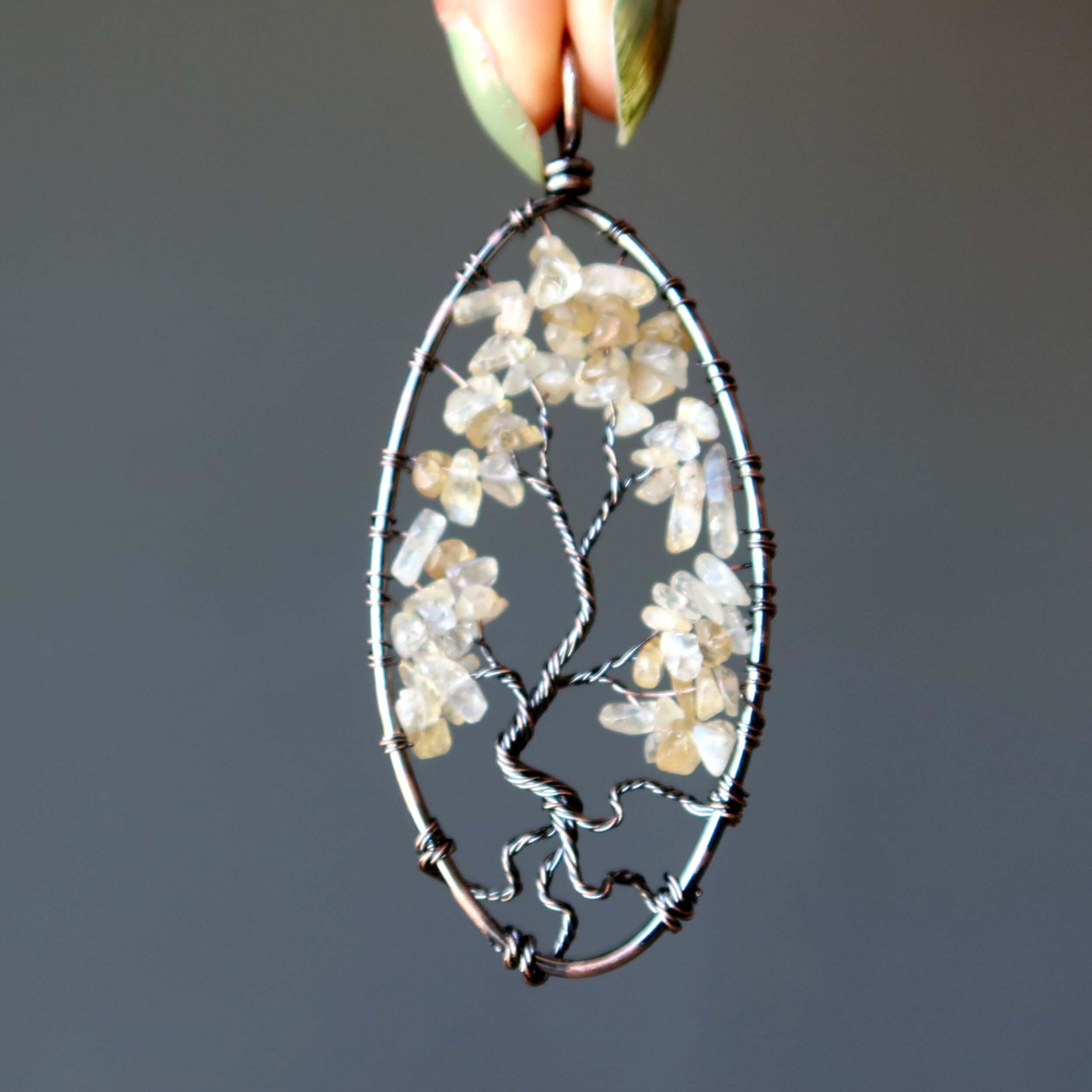 Citrine Tree of Life pendant with yellow gemstone chips wrapped in antiqued copper wire, oval handcrafted jewelry for prosperity