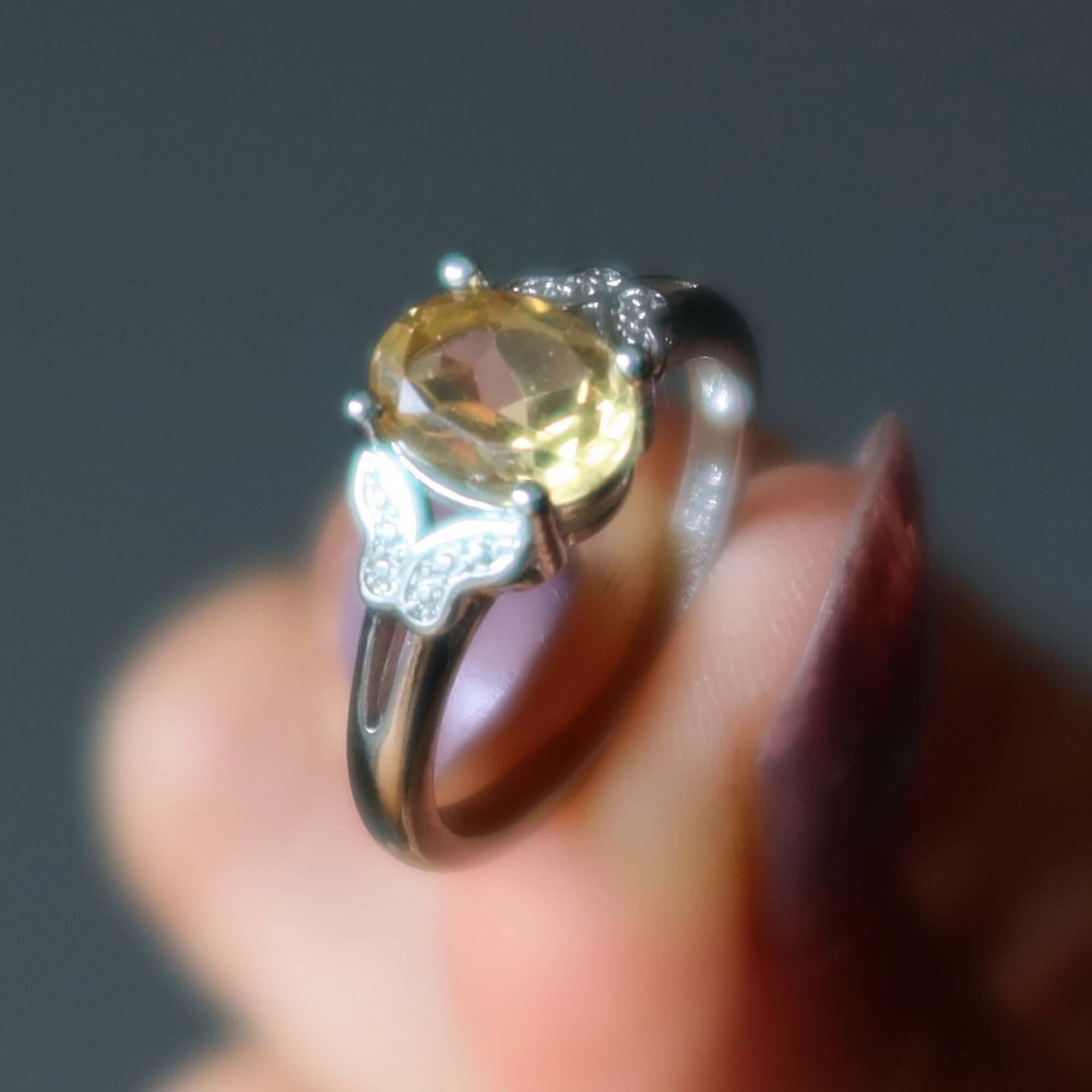 Citrine Ring Brilliant Oval Faceted Gem White Bronze
