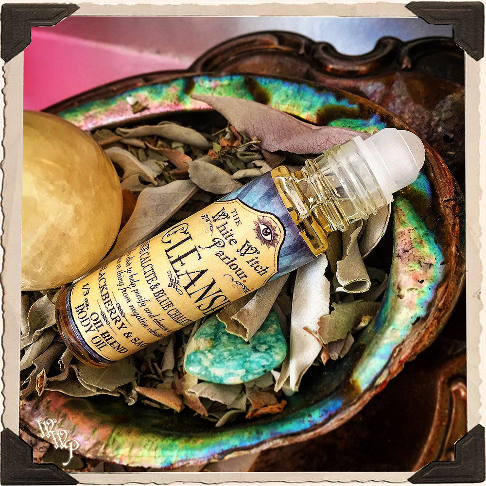 CLEANSE Elixier 1/3oz. KÖRPERÖL Roll-on. Duft von Brombeere & Salbei. Gesegnet mit Orangen Calcit & Blauer Chalcedon Kristallen.