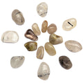 Tumbled Stone Set Crown Chakra Rutilated Quartz Mix polished healing crystals arranged in a circle on white background