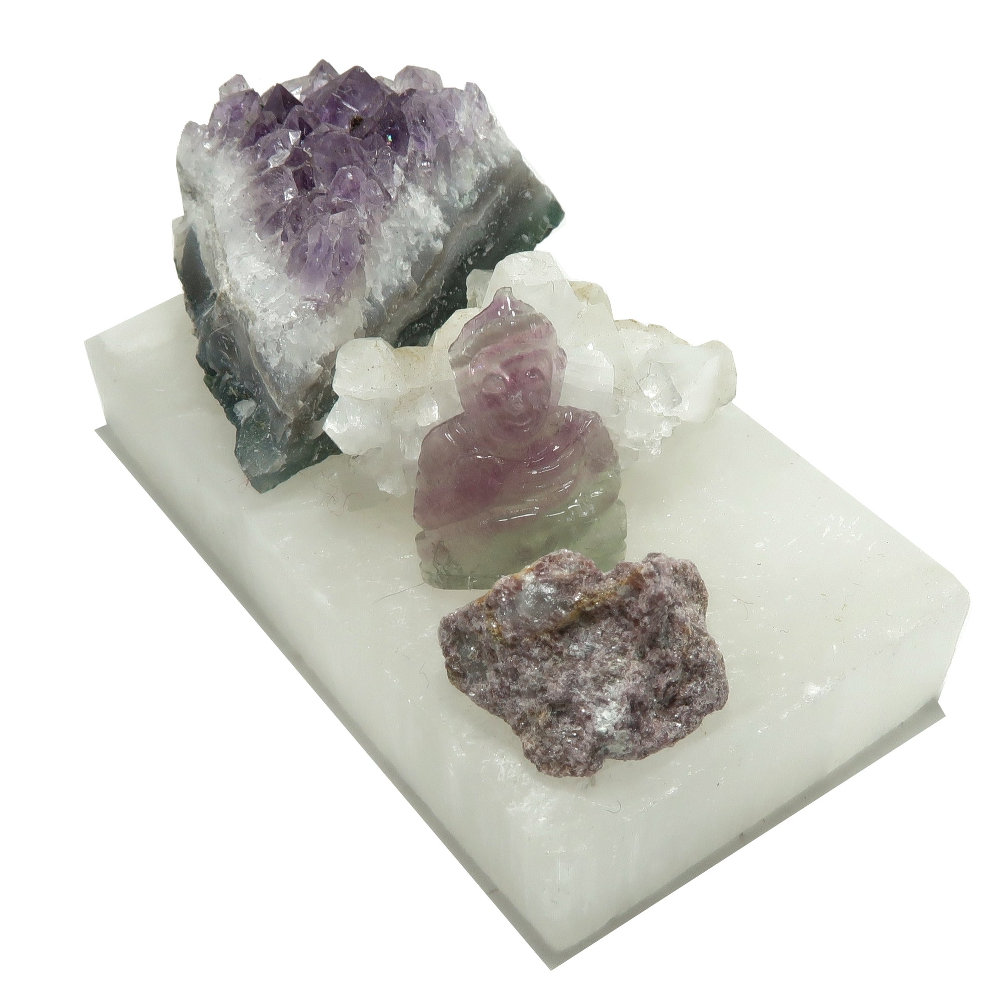 Spiritual Set: Buddha & Crown Chakra Stones on Selenite Charger