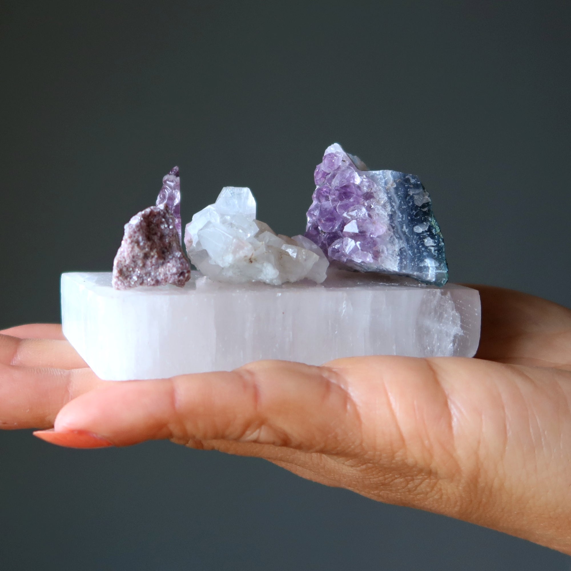 Spiritual Set: Buddha & Crown Chakra Stones on Selenite Charger