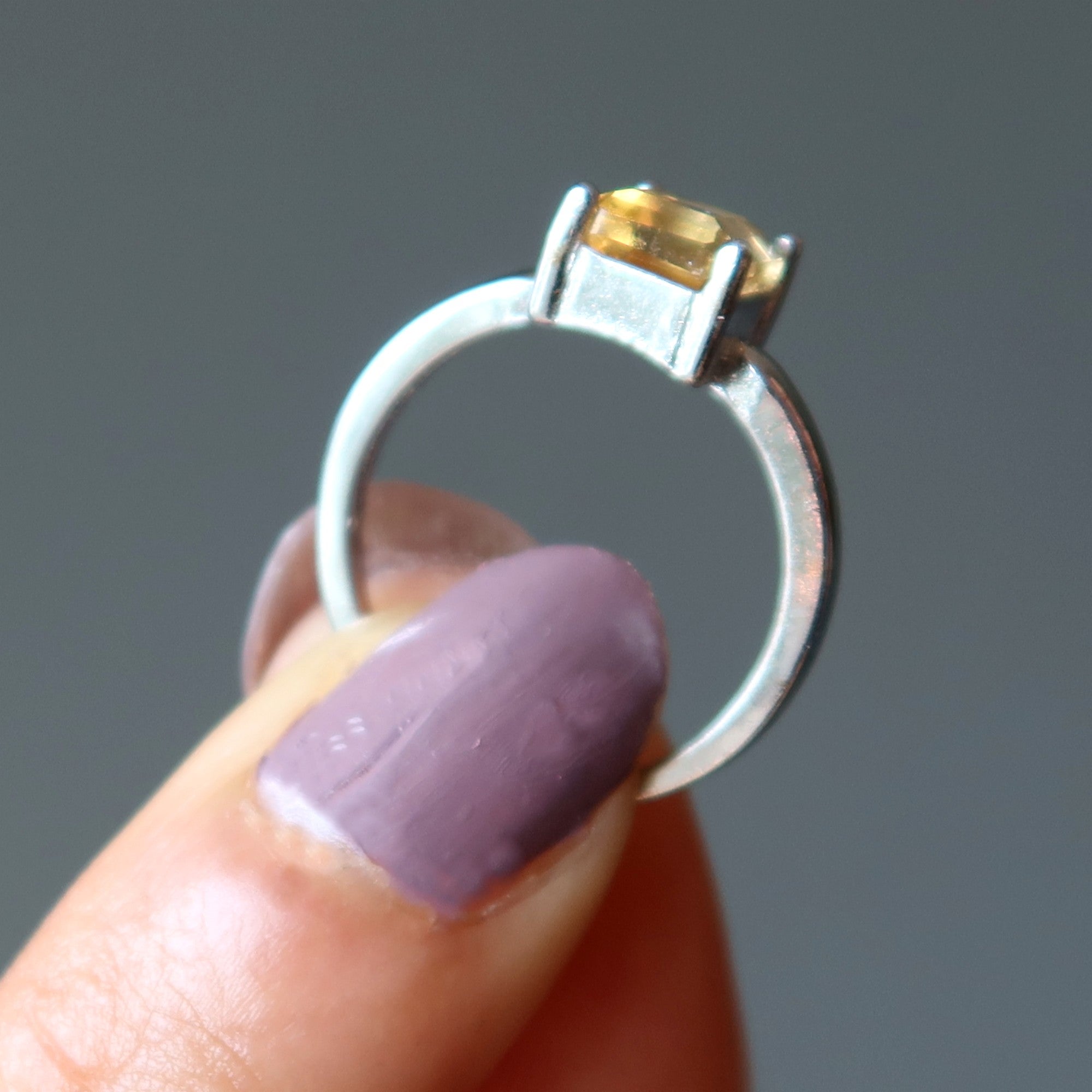 Bague Citrine Rectangle Facettée Pierre Précieuse Argent Blanc
