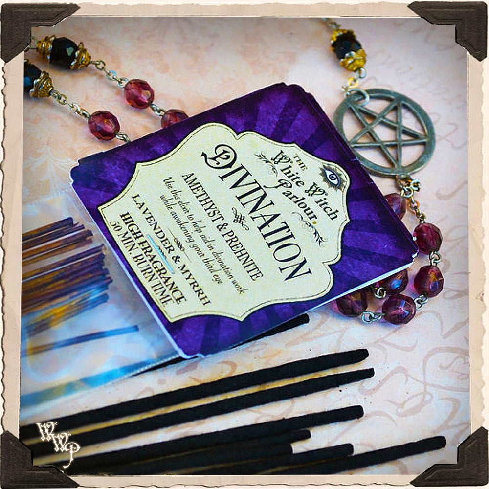 WAHRSAGUNG Elixier RÄUCHERSTÄBCHEN. Packung mit 20 Stäbchen. Duft von Lavendel, Myrrhe. Gesegnet mit Amethyst & Prehnit Kristallen.