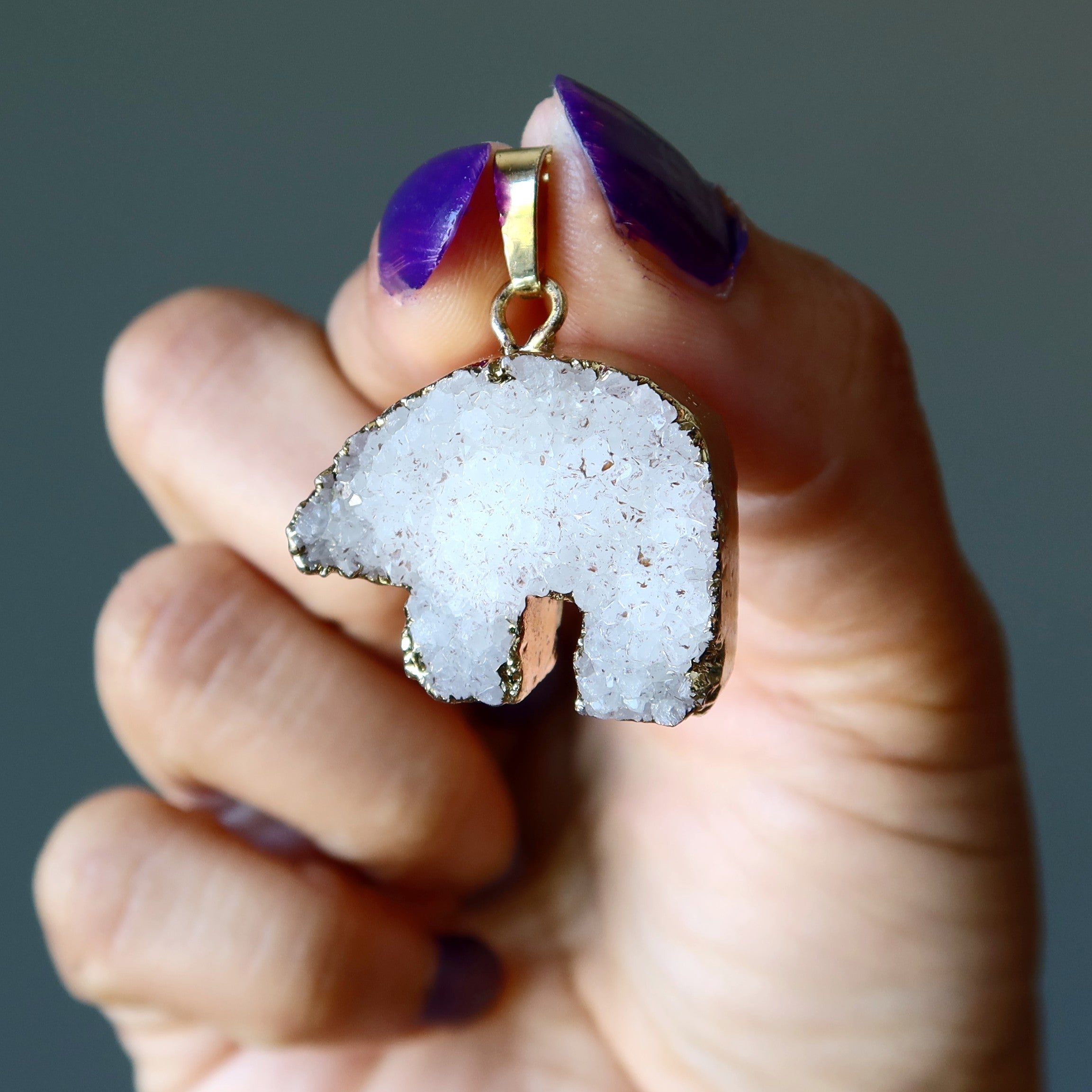 Druzy Quartz Pendant Polar Bear Animal Gold