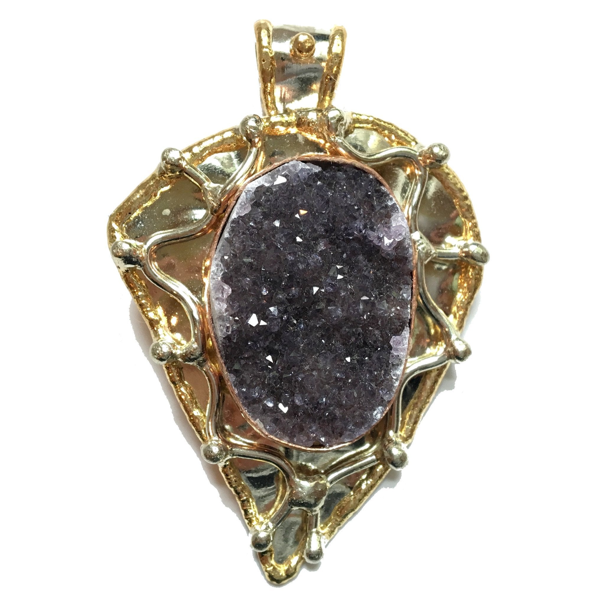 Pendentif en améthyste Signification de la vie Feuille d'or Druzy Cristal