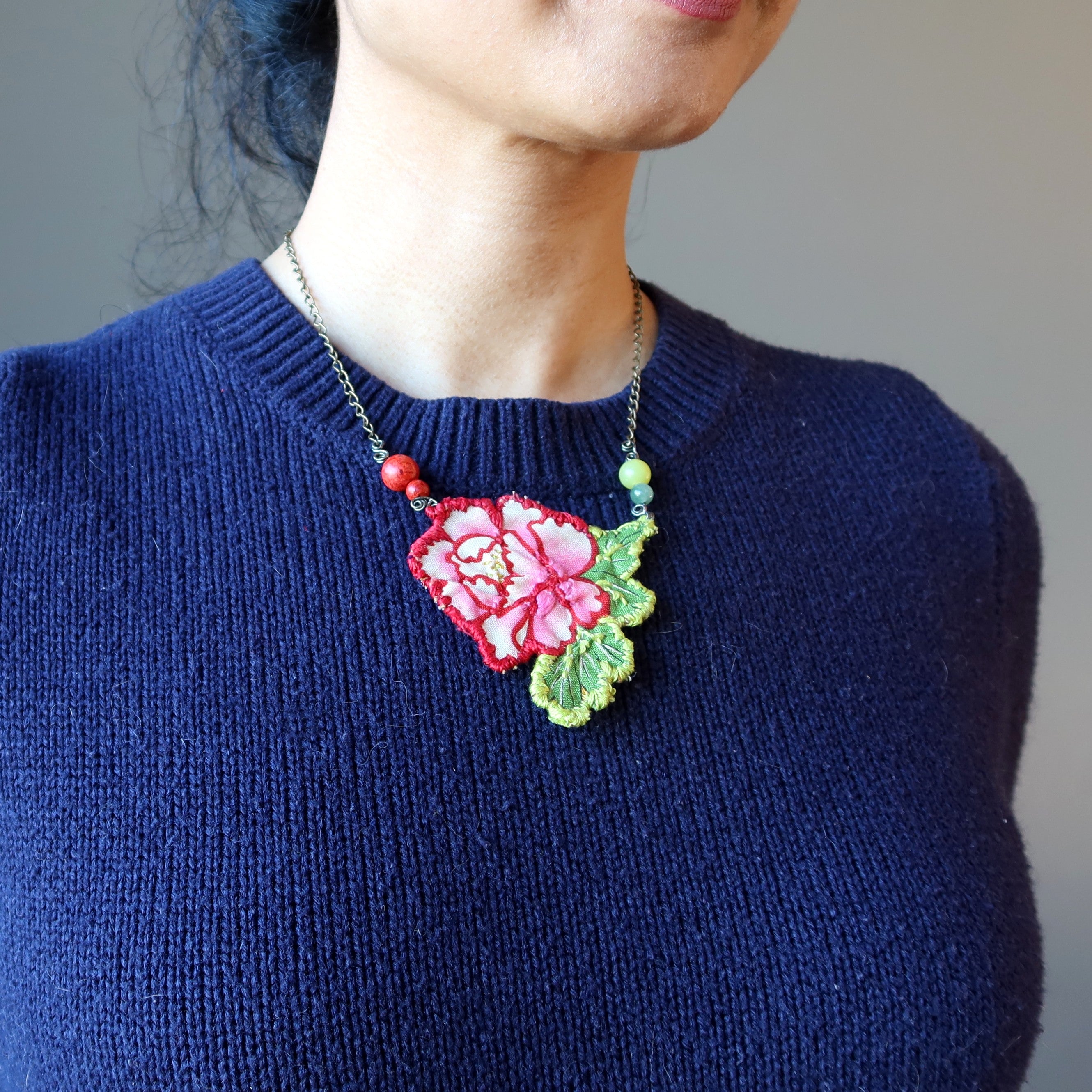 Flower Embroidered Necklace Red Coral Green Aventurine Serpentine