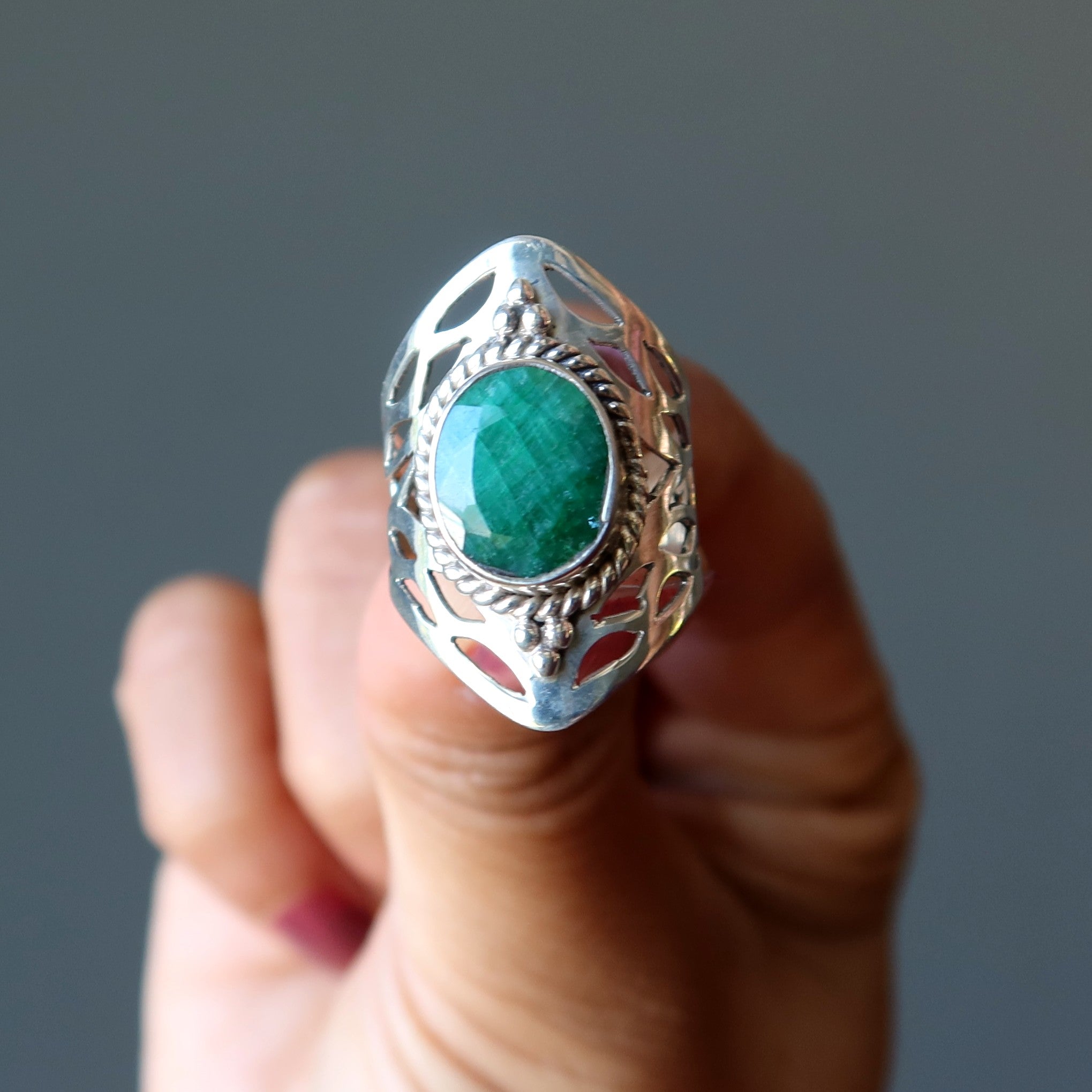 Smaragdring Sattes Grün Herrscher Sterlingsilber Größe 5.75