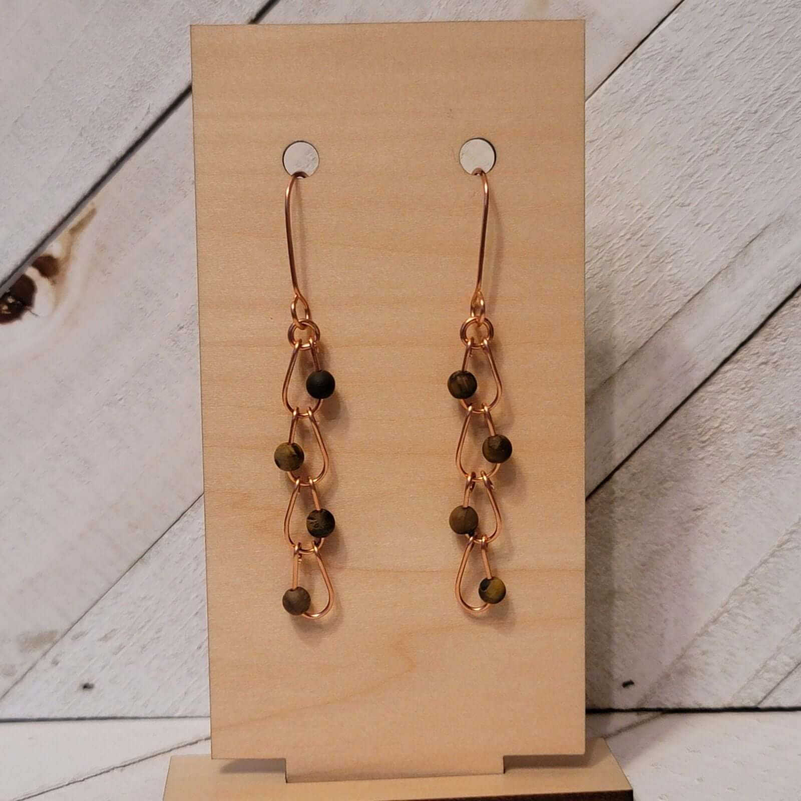Tiger’s Eye Copper Chain Earrings – Handmade Gemstone Dangle 2.75"