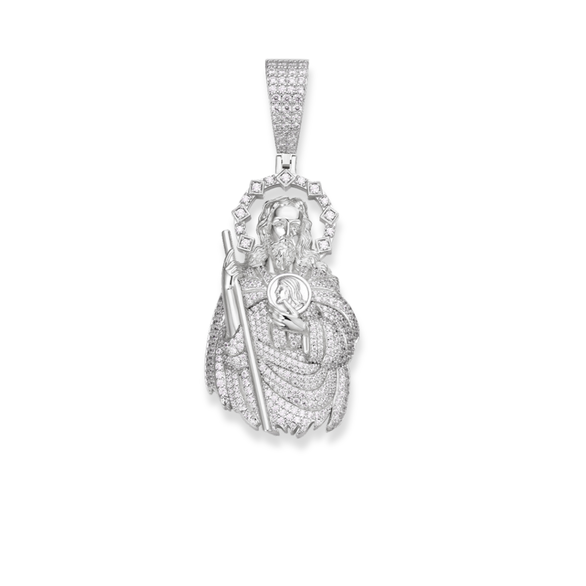 Moissanite Saint Judas Tadeo Pendant in 925 Sterling Silver