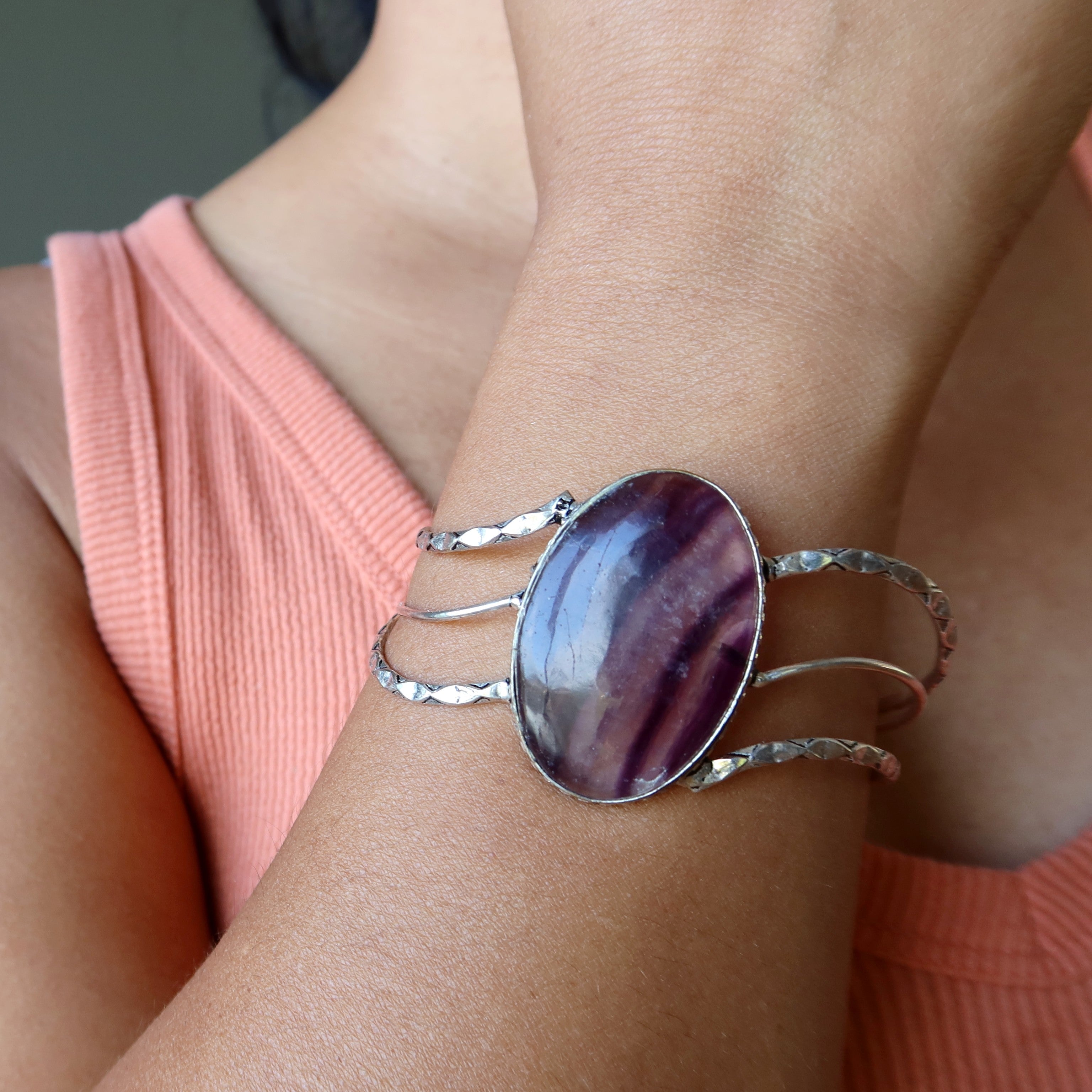 Bracelet en fluorine en argent sterling manchette réglable à motif violet