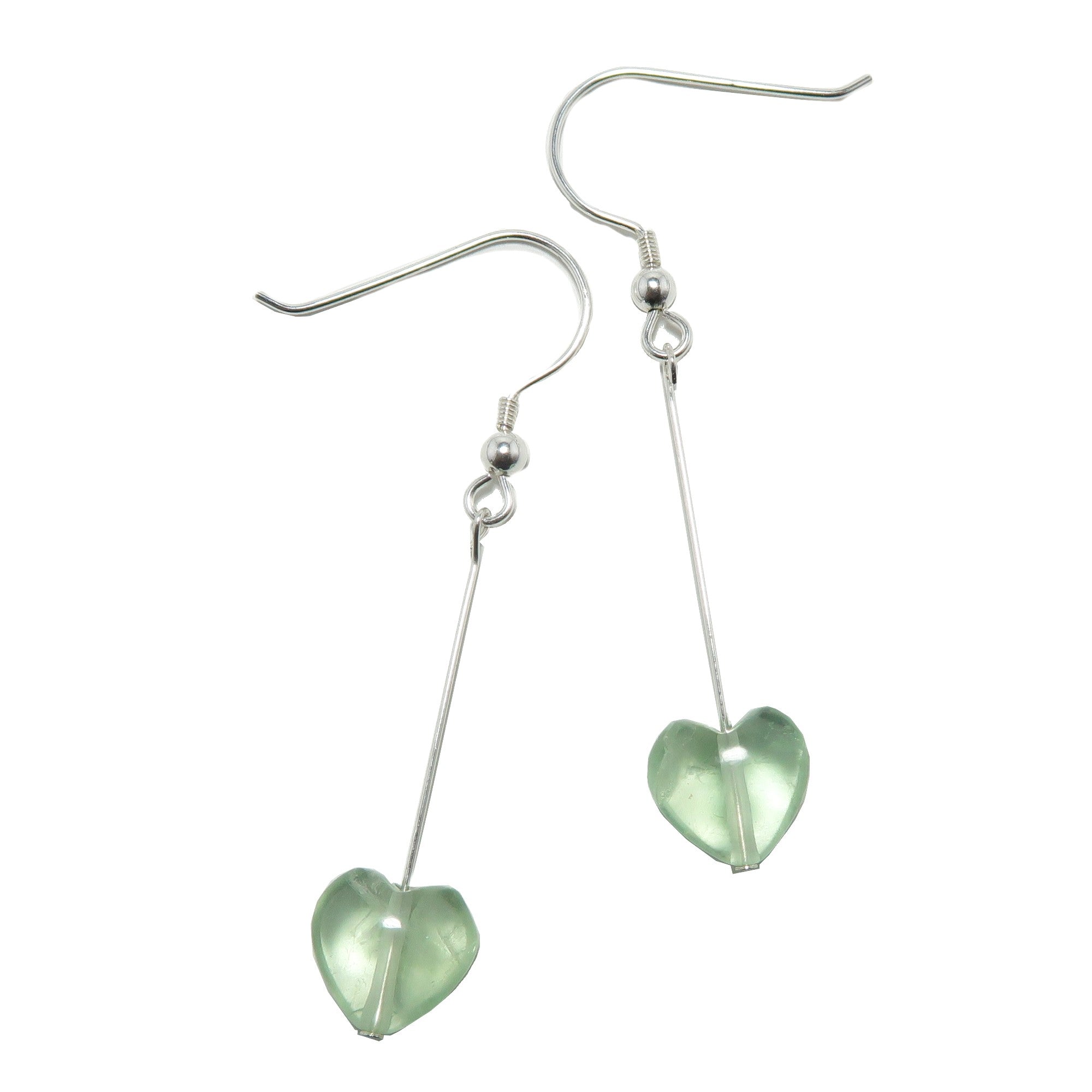 Boucles d'oreilles en fluorite, cœur vert cristallin, argent sterling