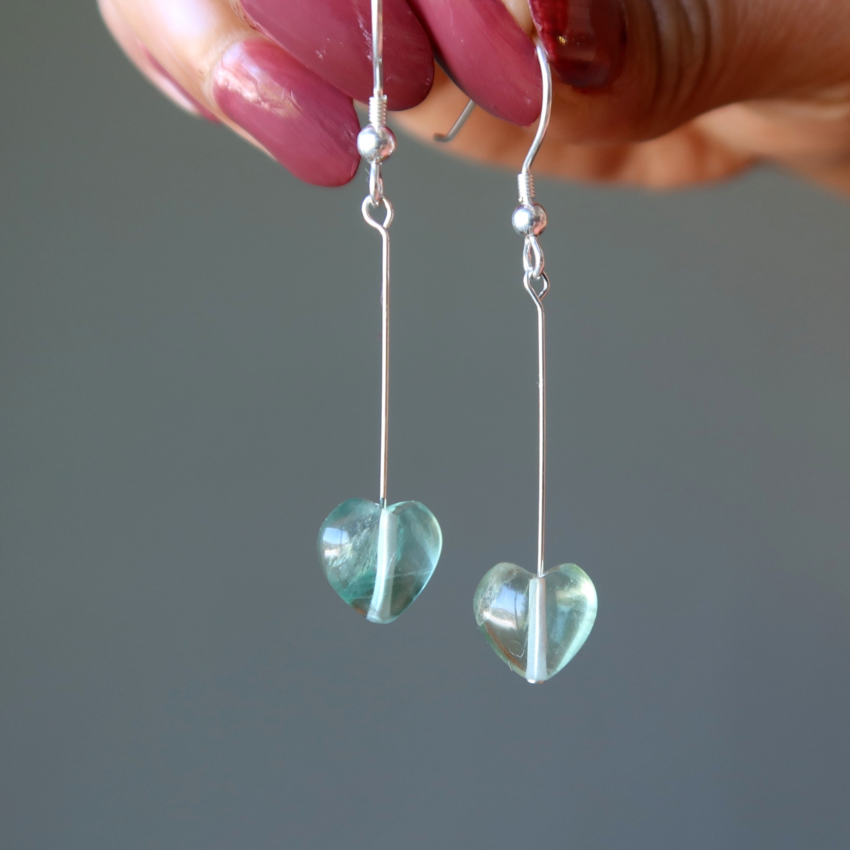 Boucles d'oreilles en fluorite, cœur vert cristallin, argent sterling