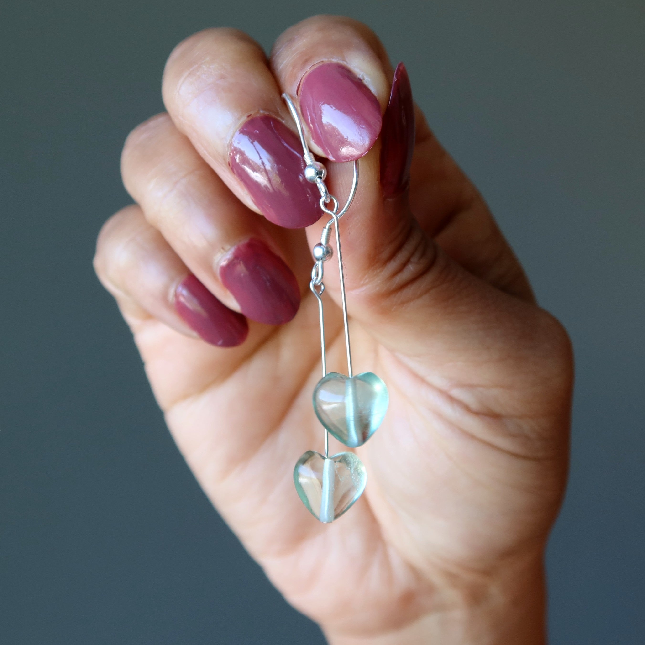 Boucles d'oreilles en fluorite, cœur vert cristallin, argent sterling
