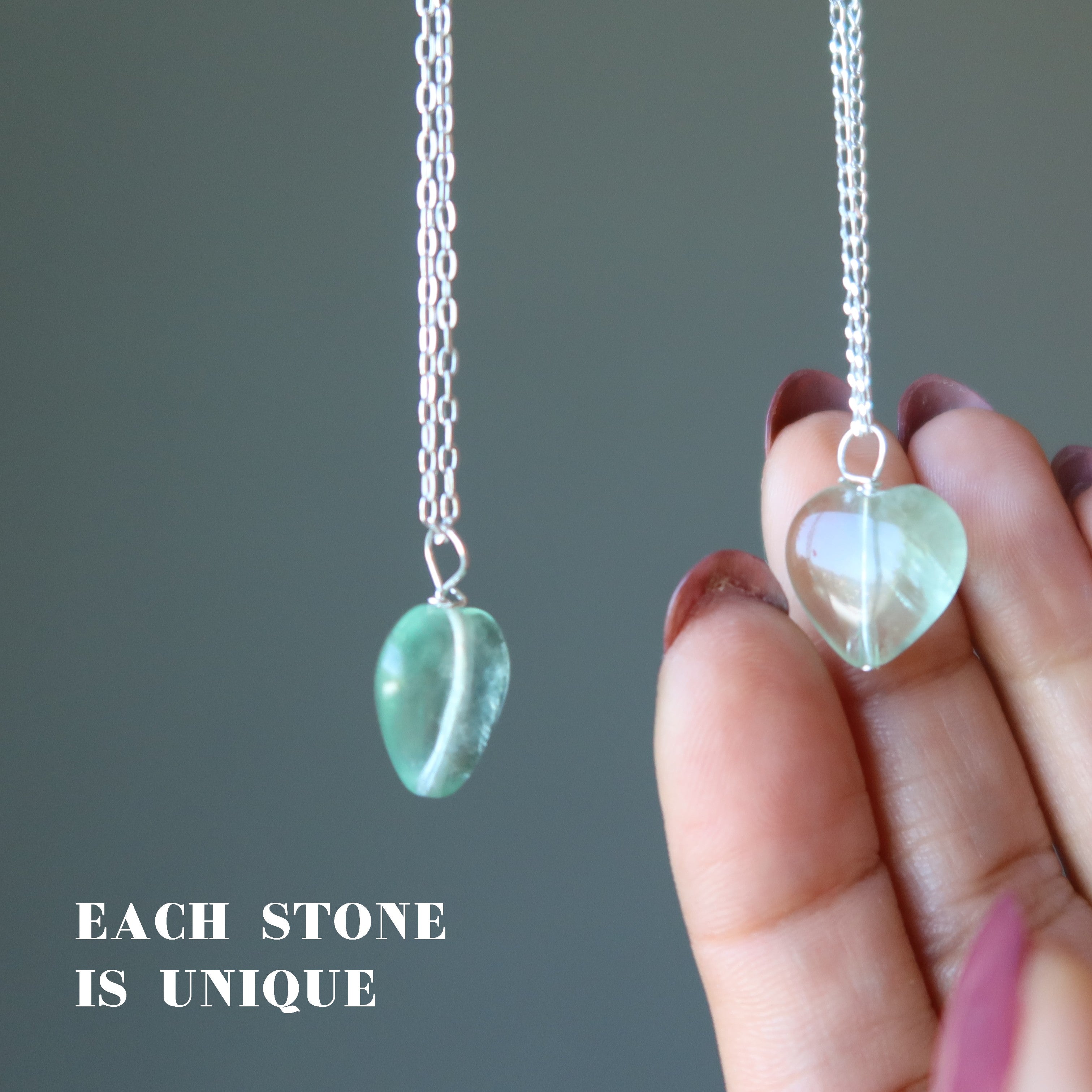 Collier Cœur Luminescent Vert en Fluorite Argent Sterling