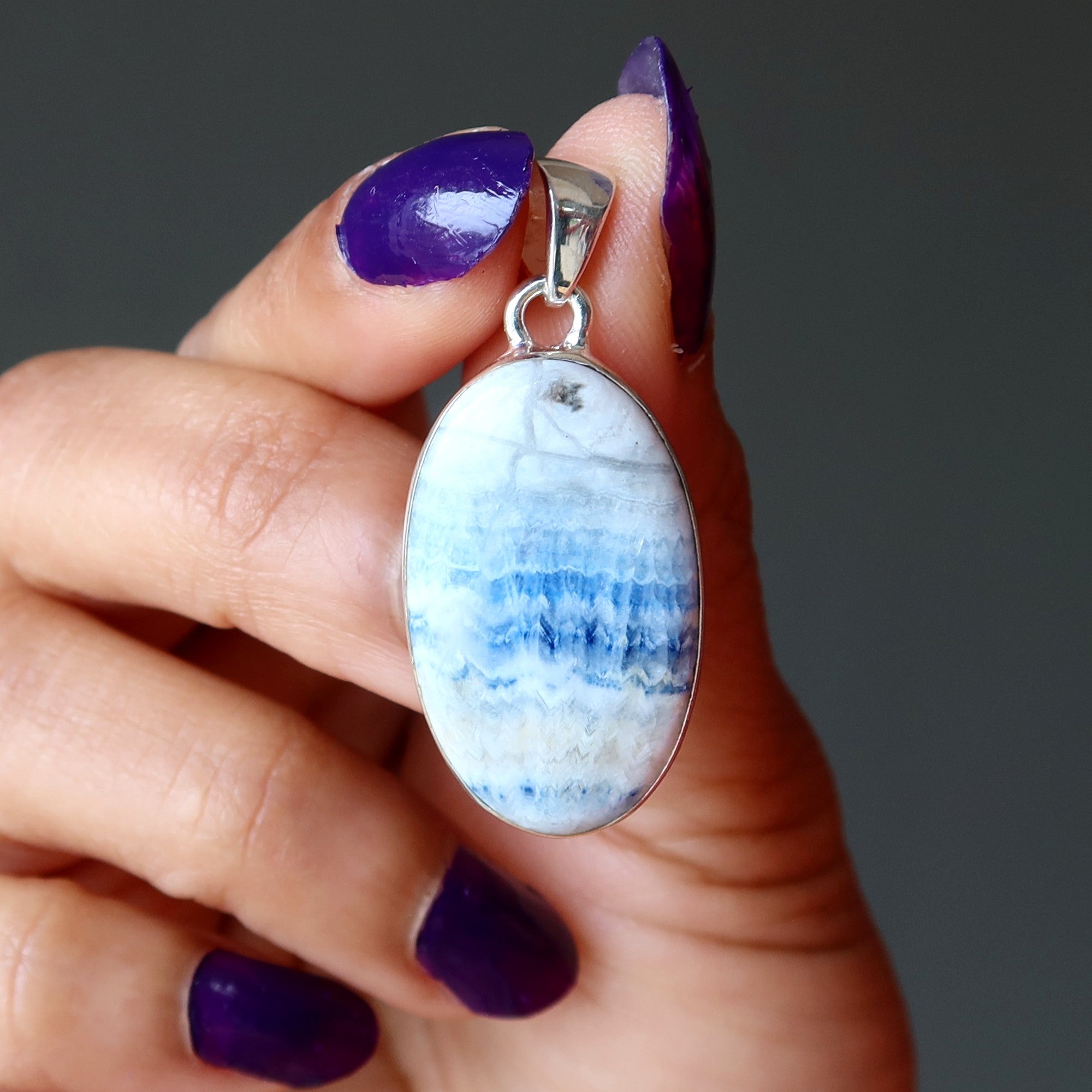 Pendentif Fluorite Quartz Neige Bleu Argent Sterling