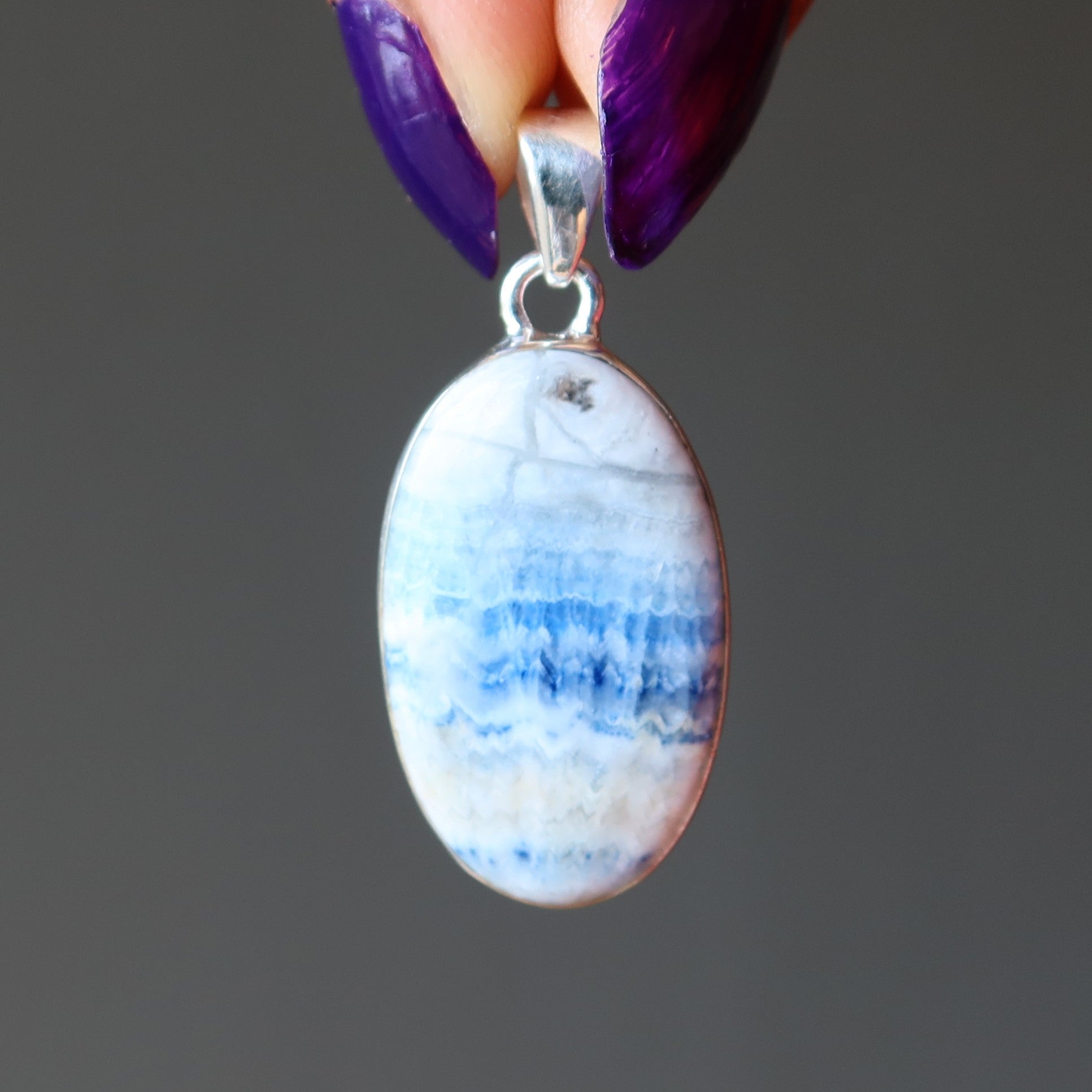 Pendentif Fluorite Quartz Neige Bleu Argent Sterling
