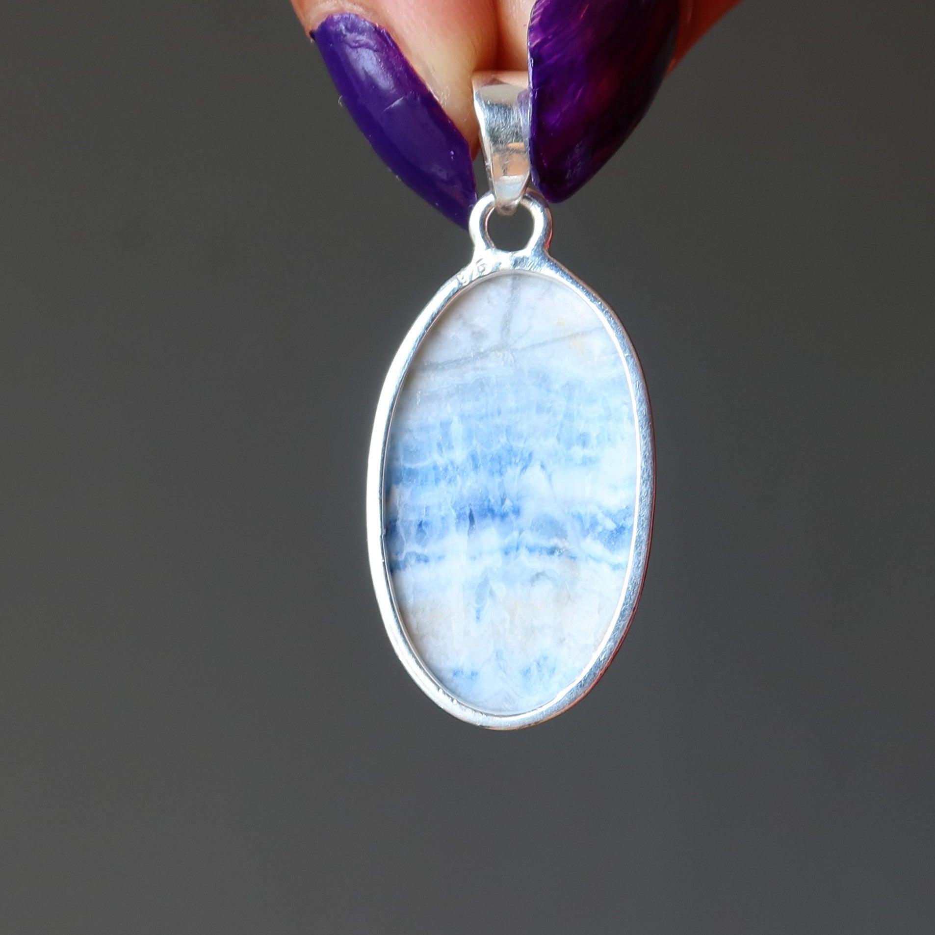 Pendentif Fluorite Quartz Neige Bleu Argent Sterling