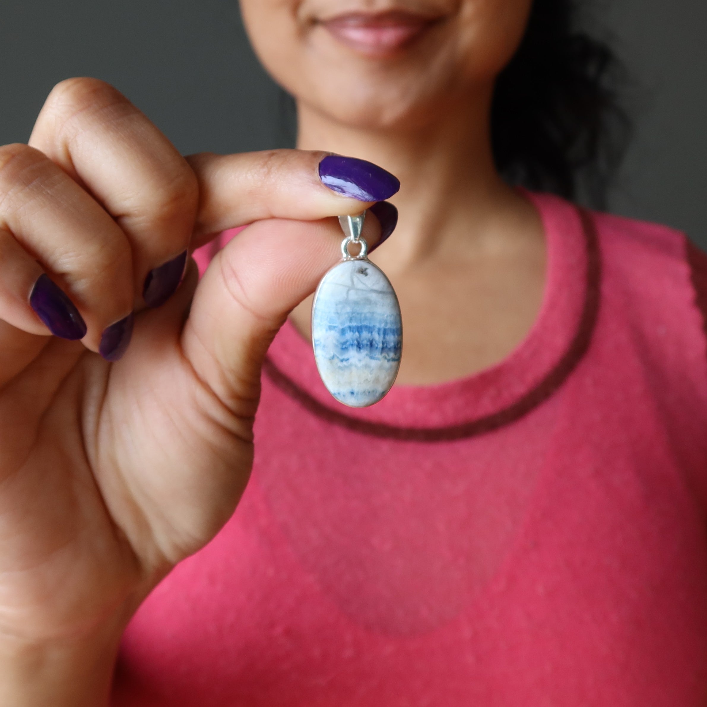 Pendentif Fluorite Quartz Neige Bleu Argent Sterling