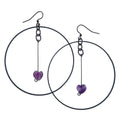 Boucles d'oreilles en fluorite J'aime mon âme Cœurs violets Créoles noires