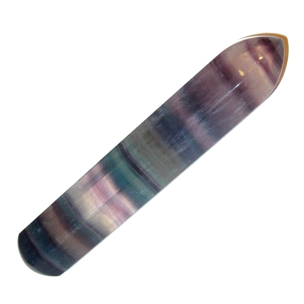 Baguette de massage en fluorine, pierre énergétique des chakras, rayée violet et vert