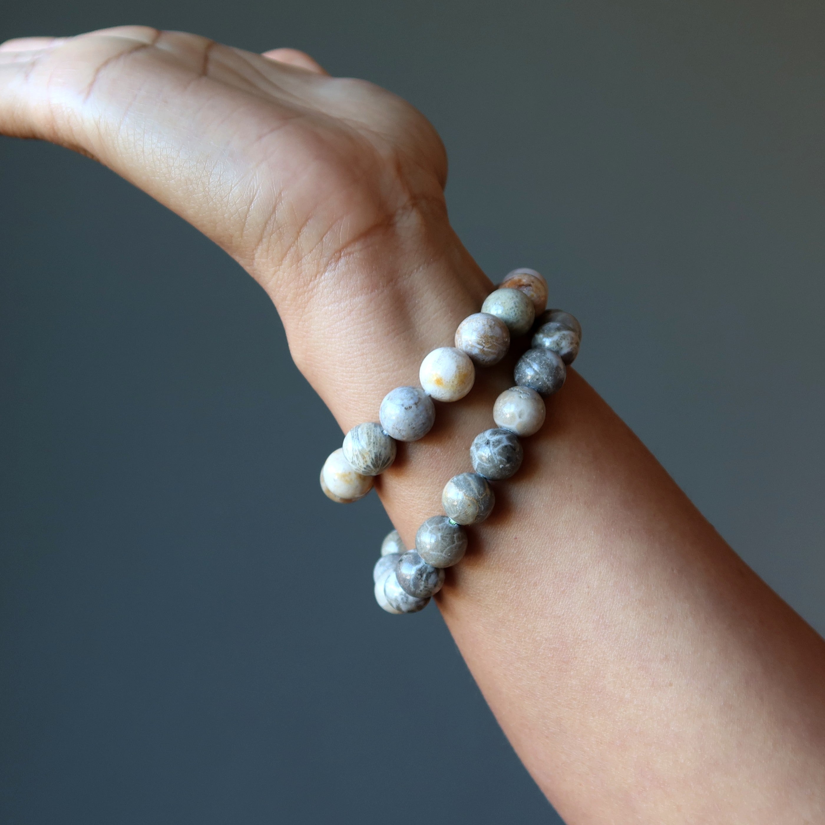Bracelet corail fossile Cristal gris naturel Mystère des profondeurs marines