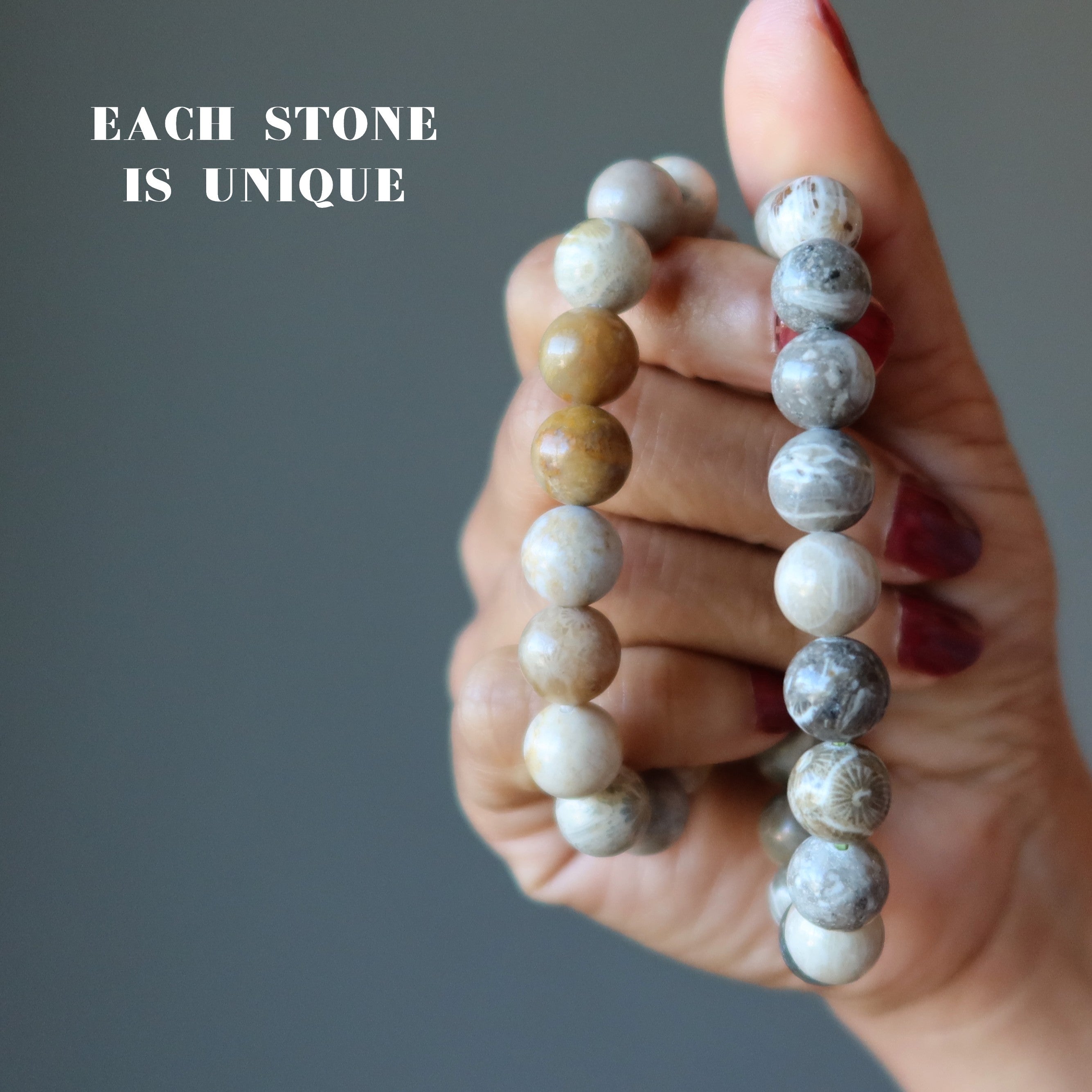 Bracelet corail fossile Cristal gris naturel Mystère des profondeurs marines