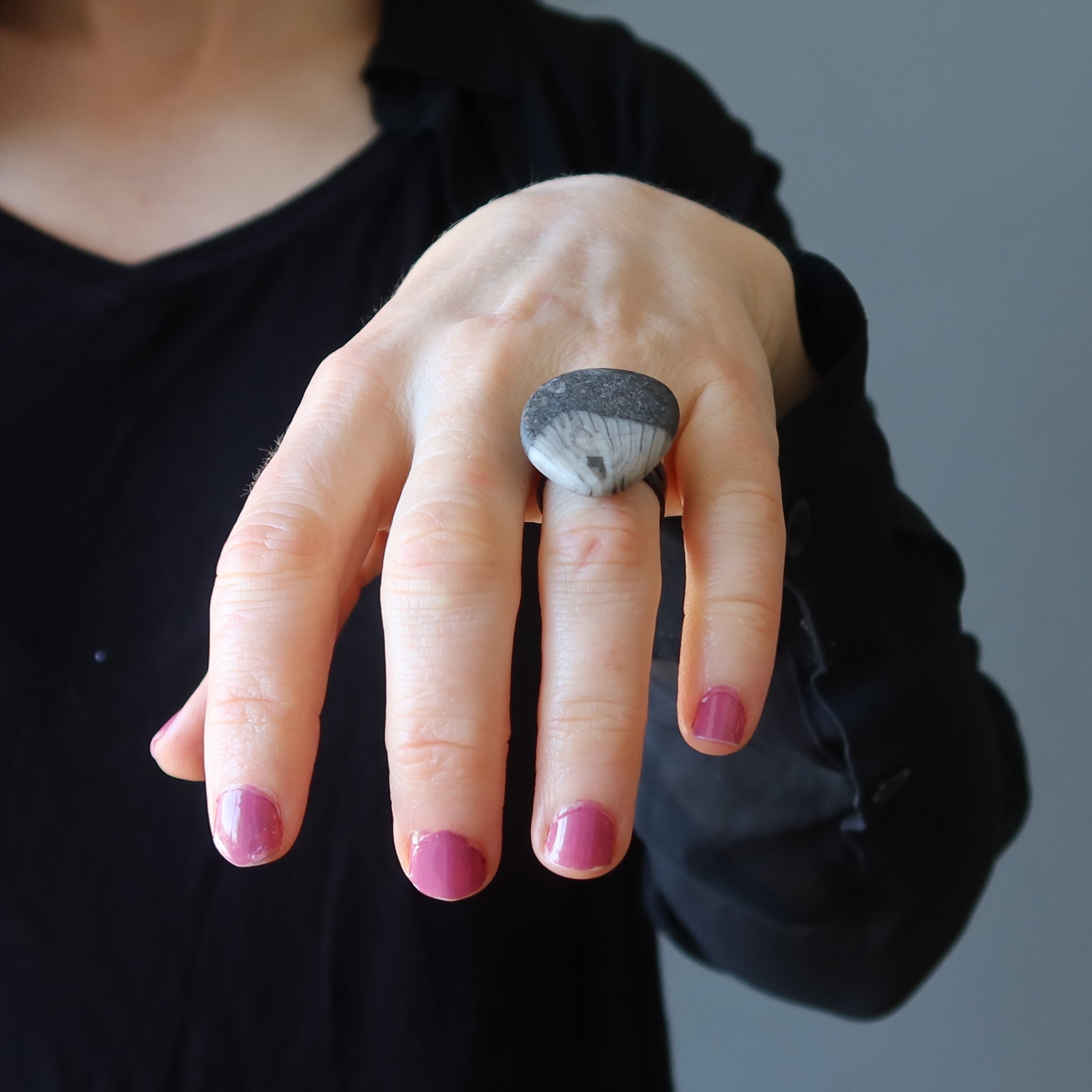 Fossilized Stone Ring Sea Capsule Black Adjustable