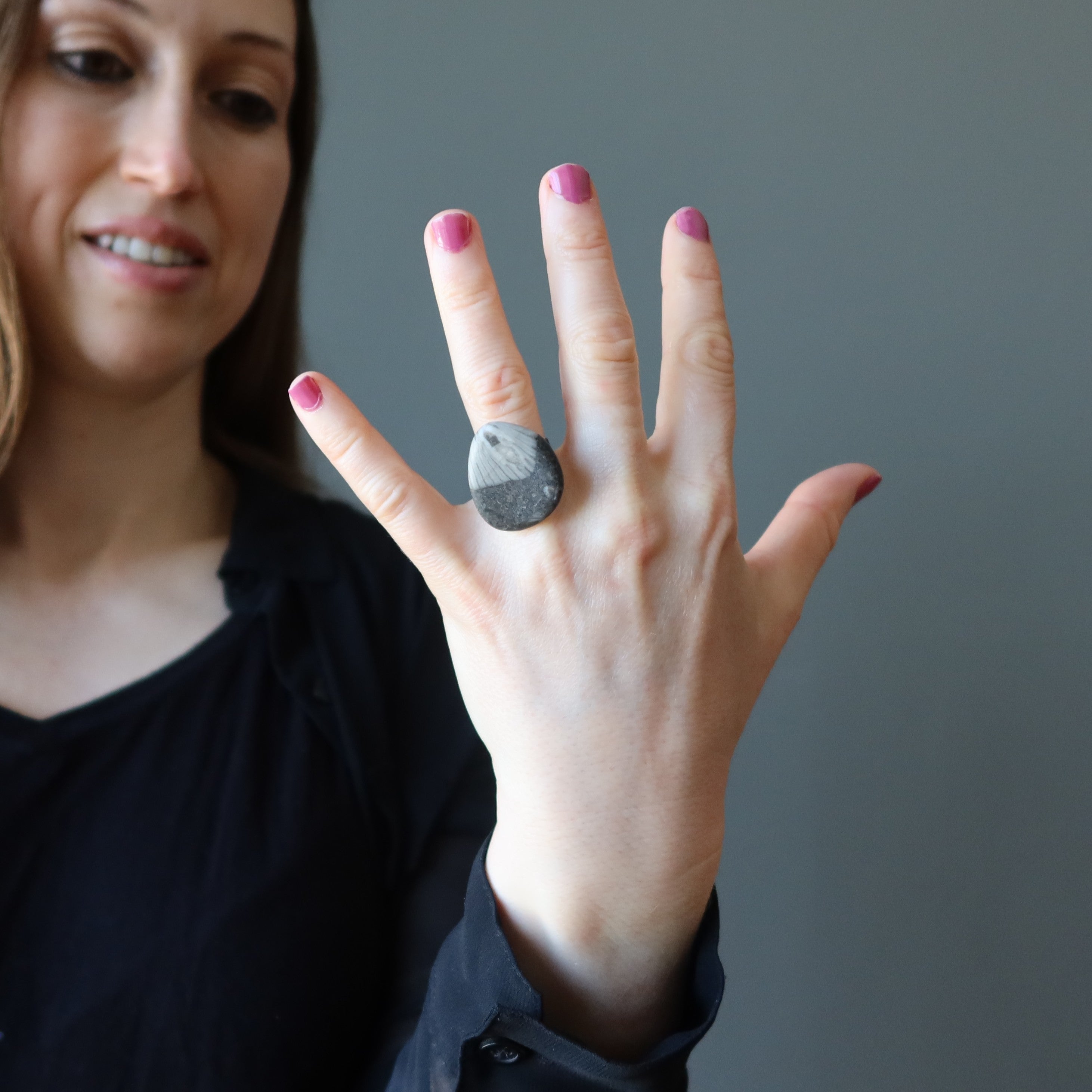 Fossilized Stone Ring Sea Capsule Black Adjustable