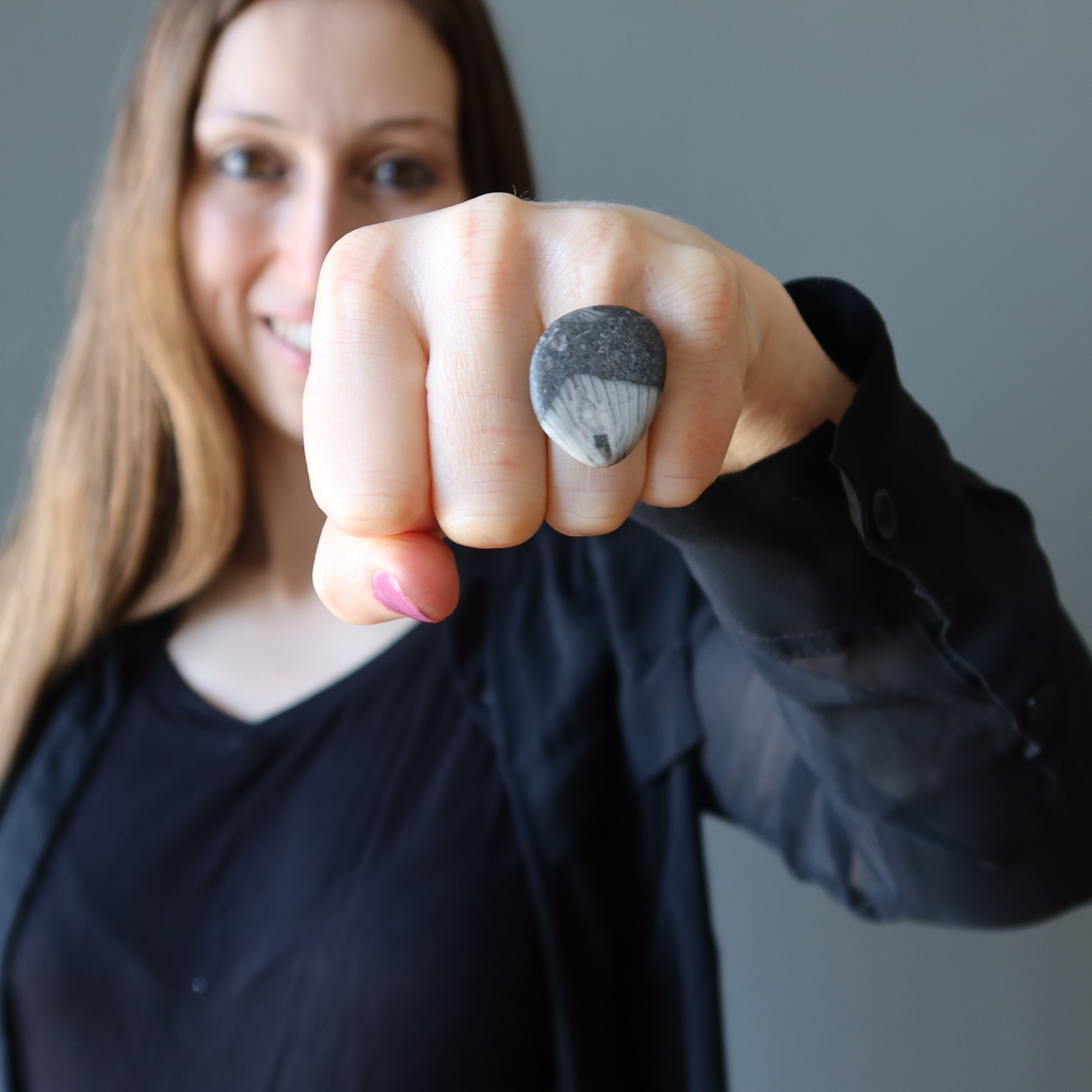 Fossilized Stone Ring Sea Capsule Black Adjustable