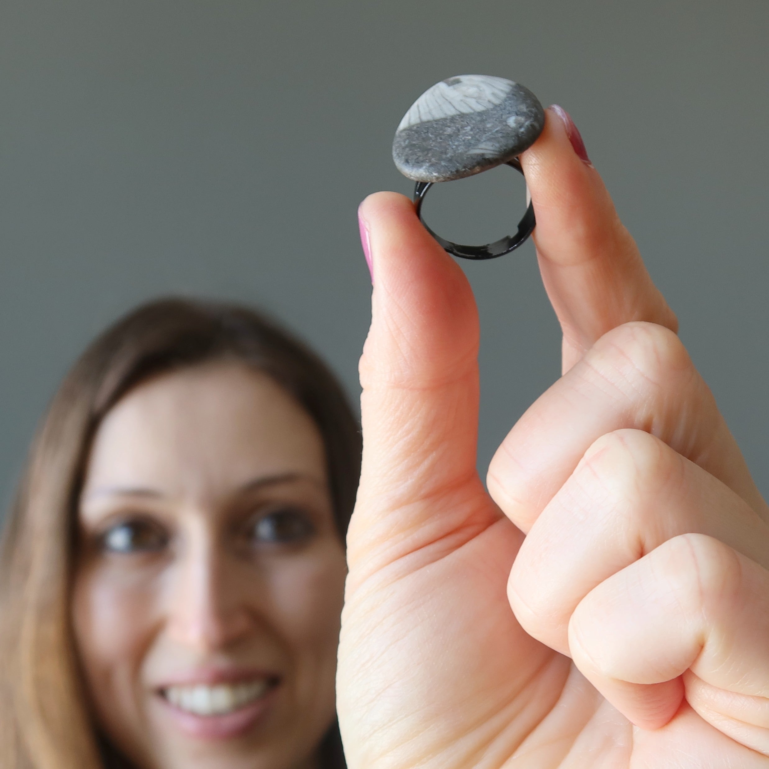 Fossilized Stone Ring Sea Capsule Black Adjustable