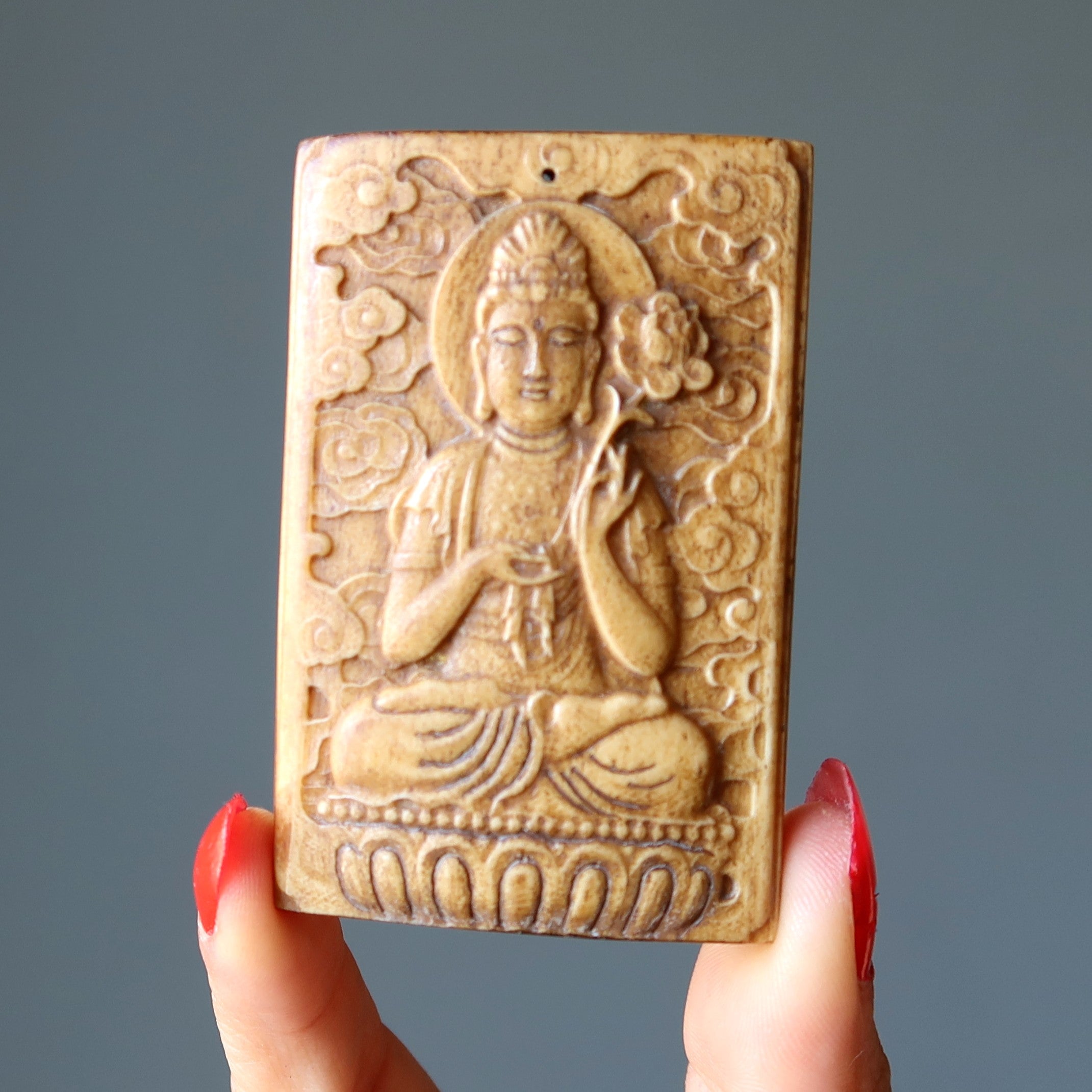Pendentif Fleur de Lotus Bouddha Spirituel Amulette en Os de Bœuf Fossilisé
