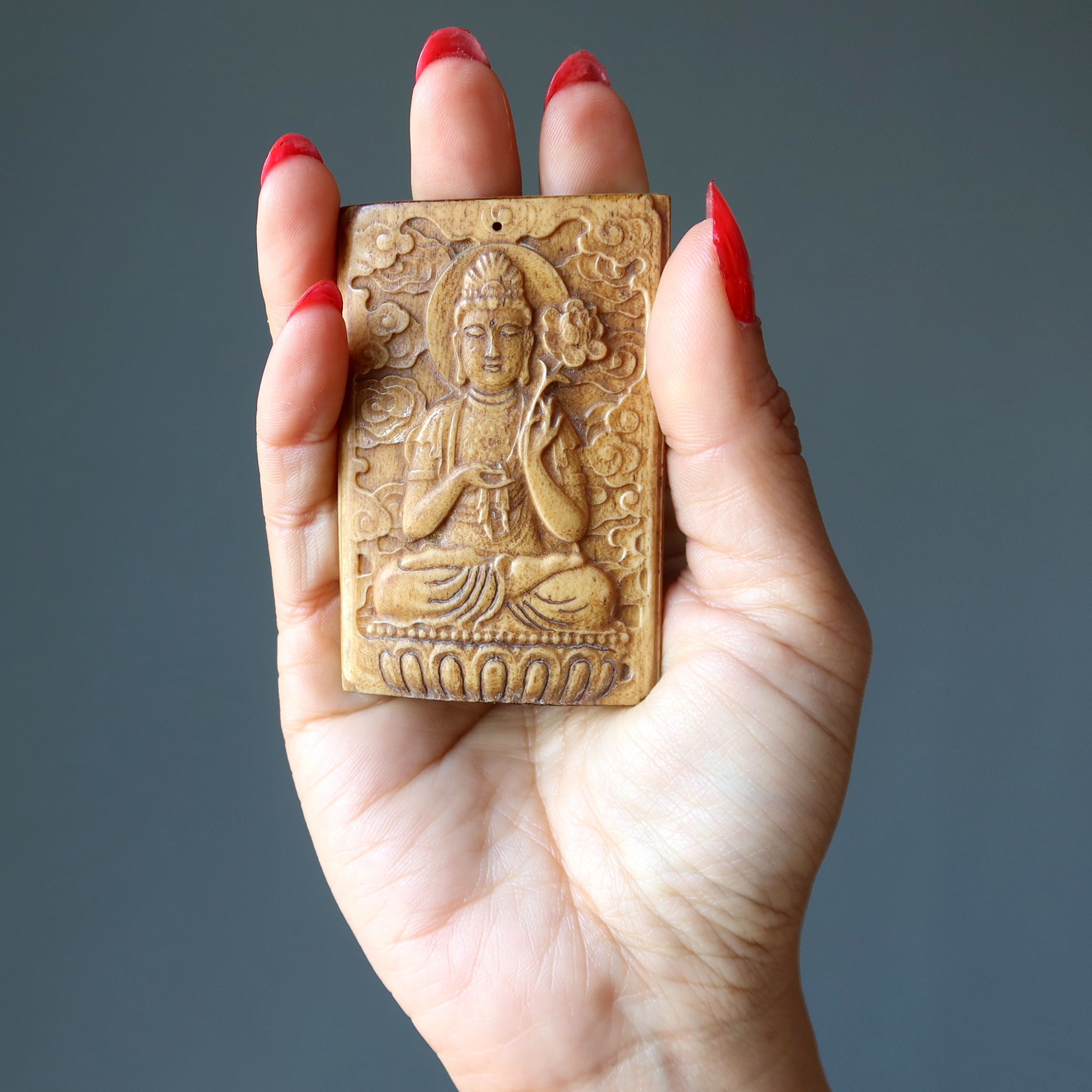 Pendentif Fleur de Lotus Bouddha Spirituel Amulette en Os de Bœuf Fossilisé