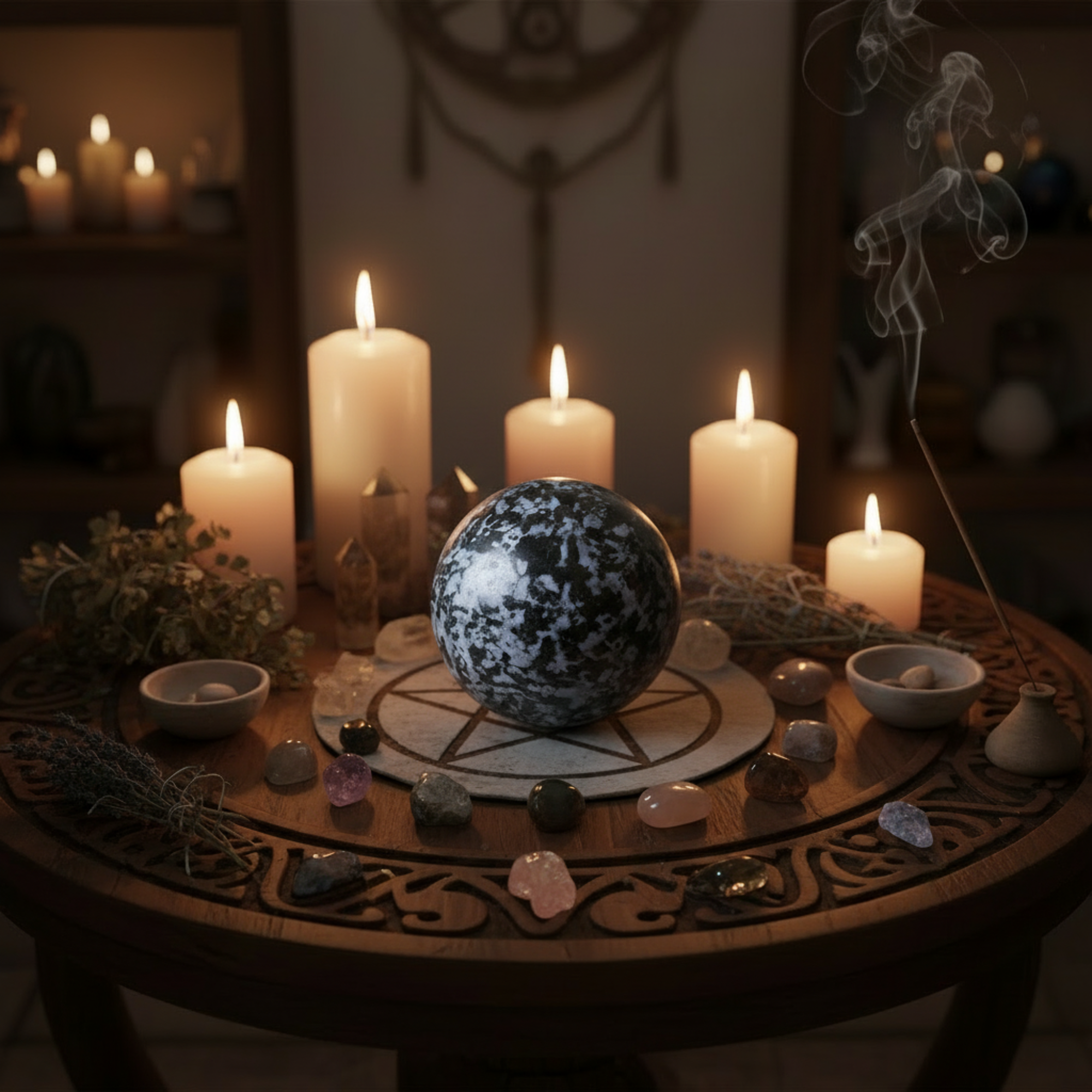 Gabbro-Kugel, mystischer Merlinit, Indigo-Kristallkugel