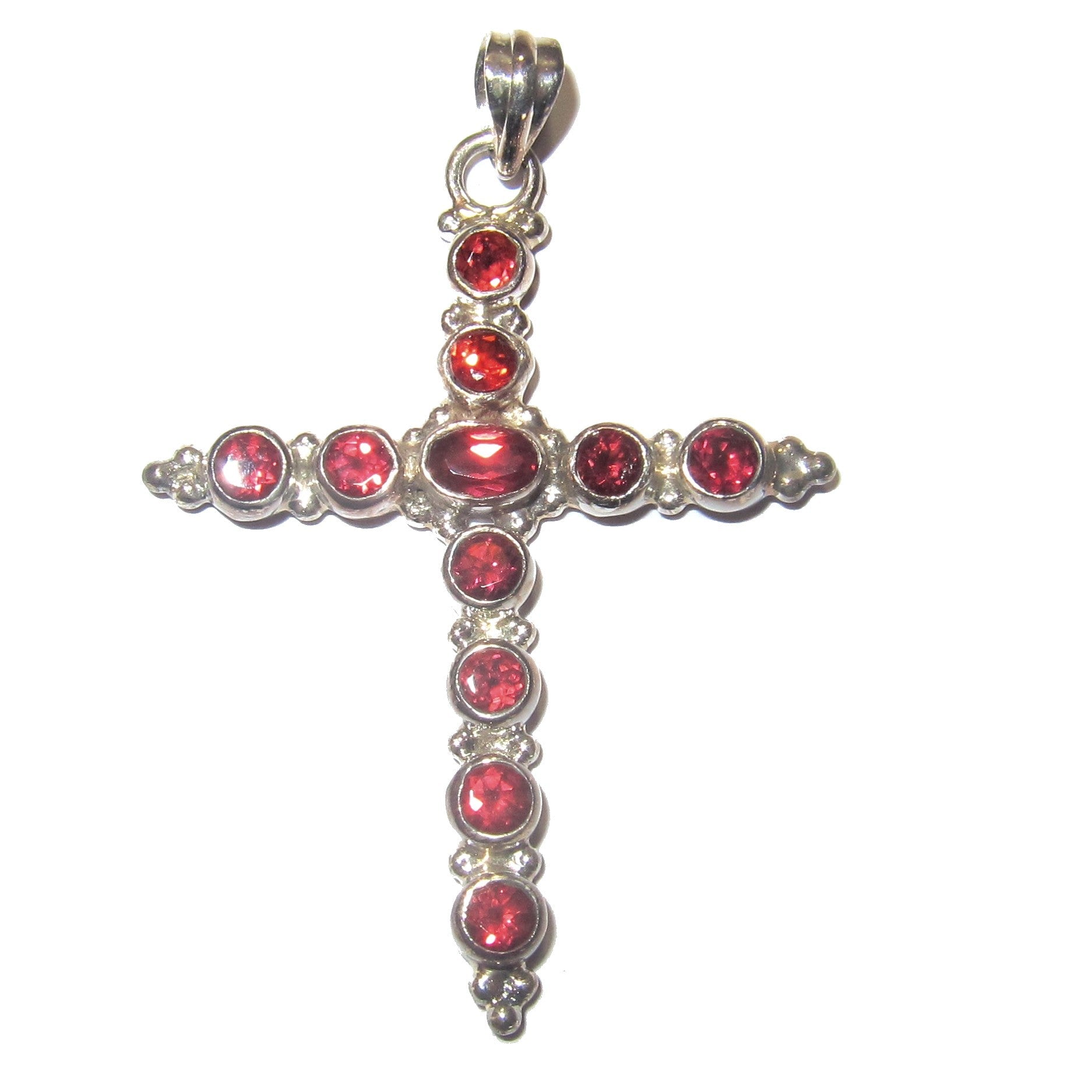 Granat-Anhänger, Heiliges Kreuz, Schutz, rote Edelsteine, Sterlingsilber